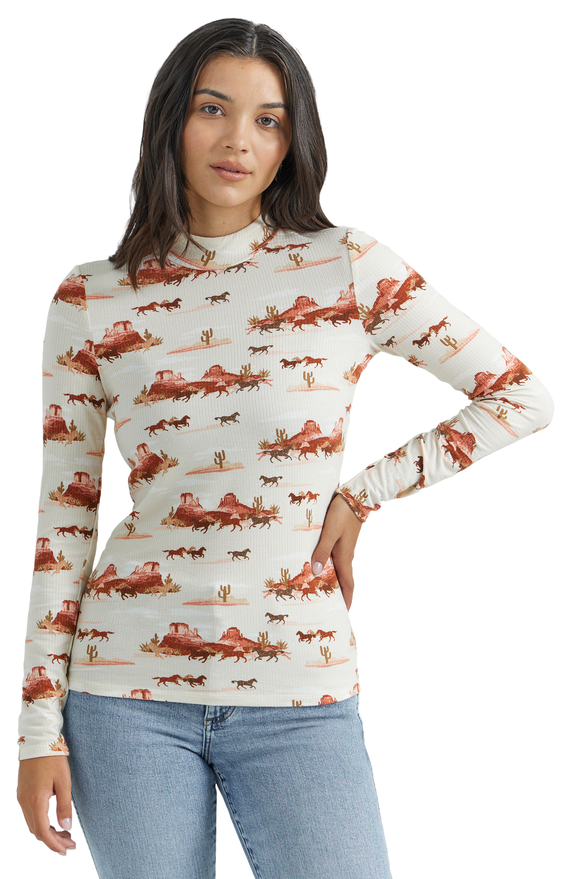 WRANGLER Horse-Print Mock-Neck Long-Sleeve Shirt for Ladies