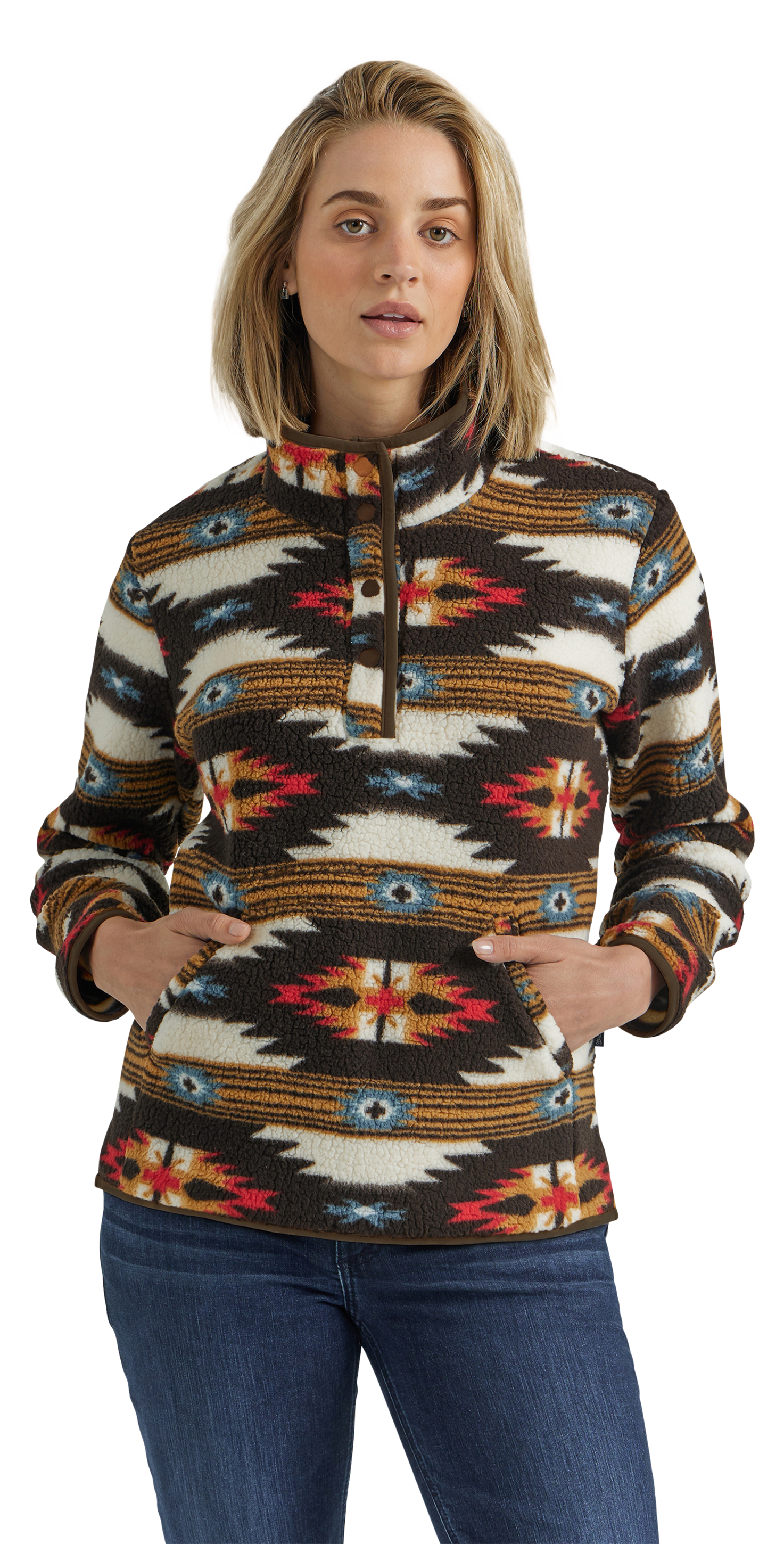 Image of Wrangler Retro Sherpa Quarter-Snap Pullover for Ladies - Brown Multi - M