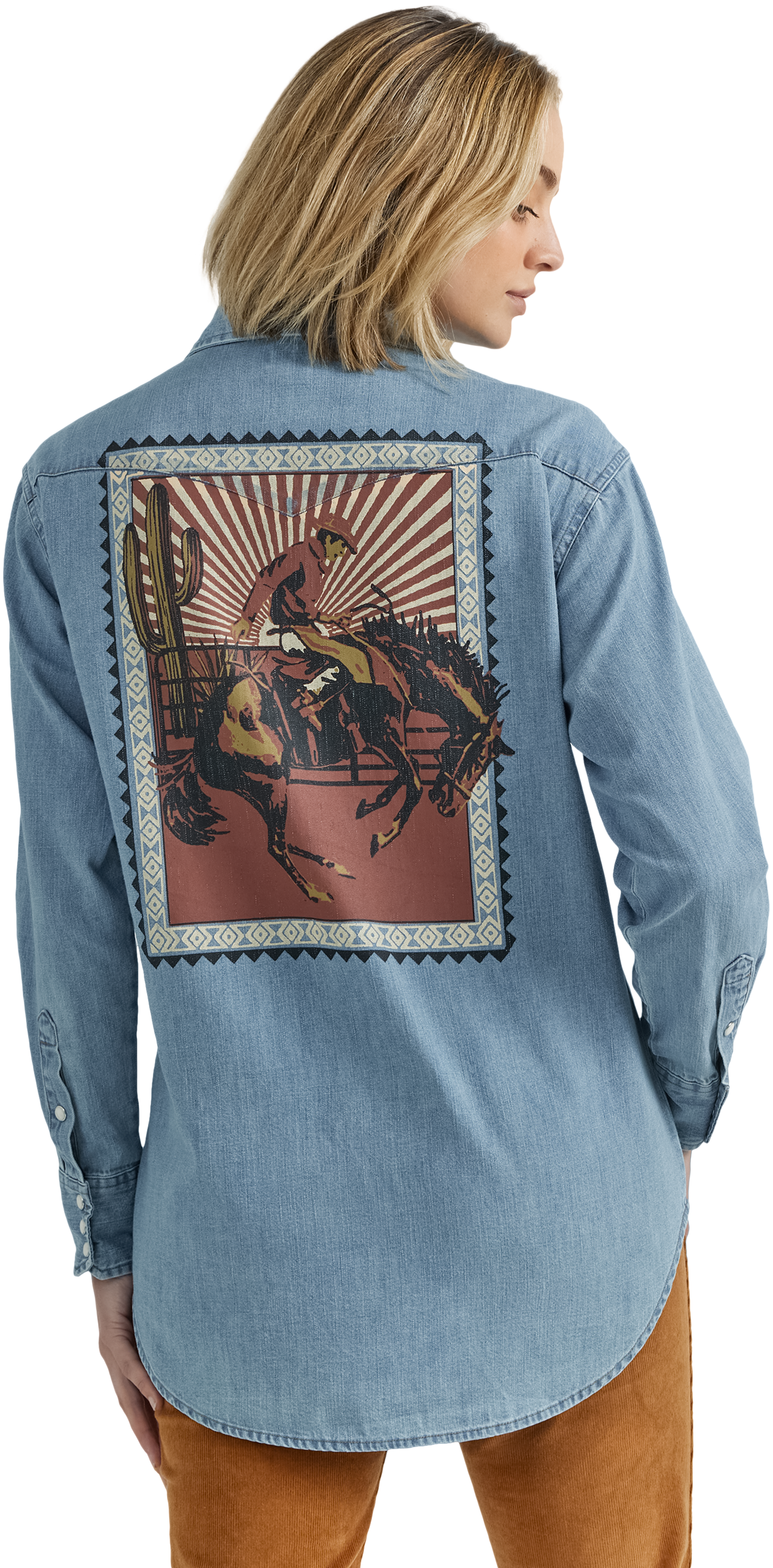 Image of Wrangler Western Snap Denim Rodeo Poster Long-Sleeve Shirt for Ladies - Light Denim - S