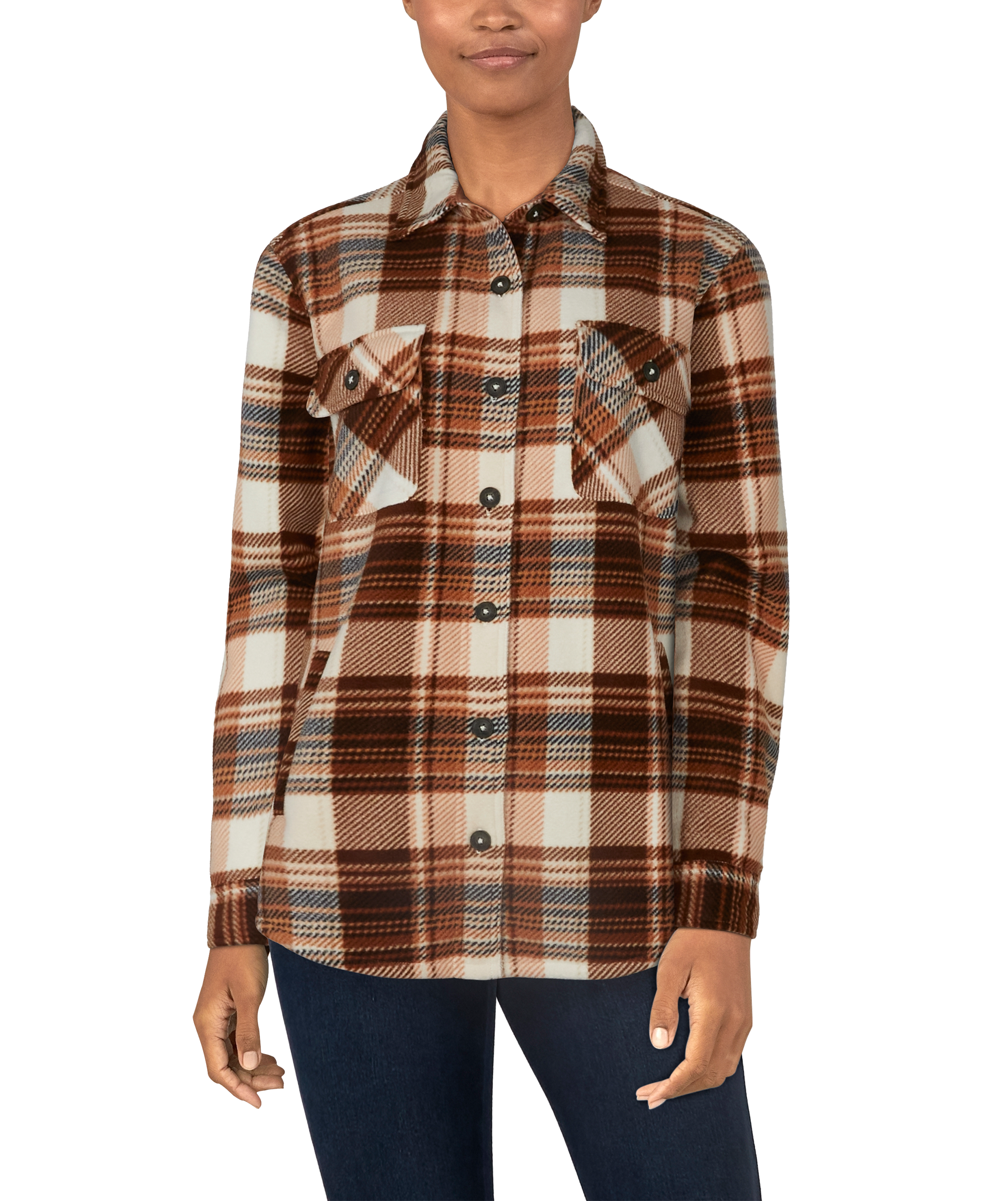 Image of Natural Reflections Sherpa-Lined Shirt Jacket for Ladies - Cappuccino Plaid - S