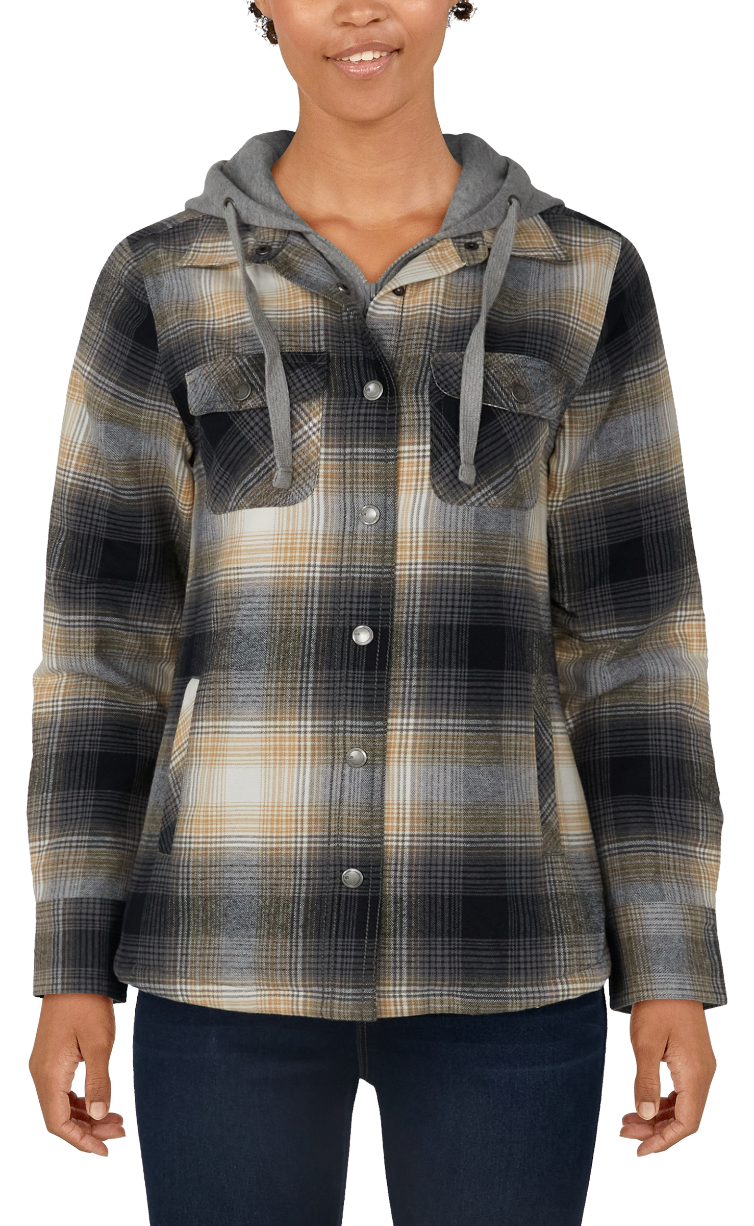 Image of Natural Reflections Flannel Snap-Down Hooded Long-Sleeve Shirt Jacket for Ladies - Granite Plaid - L