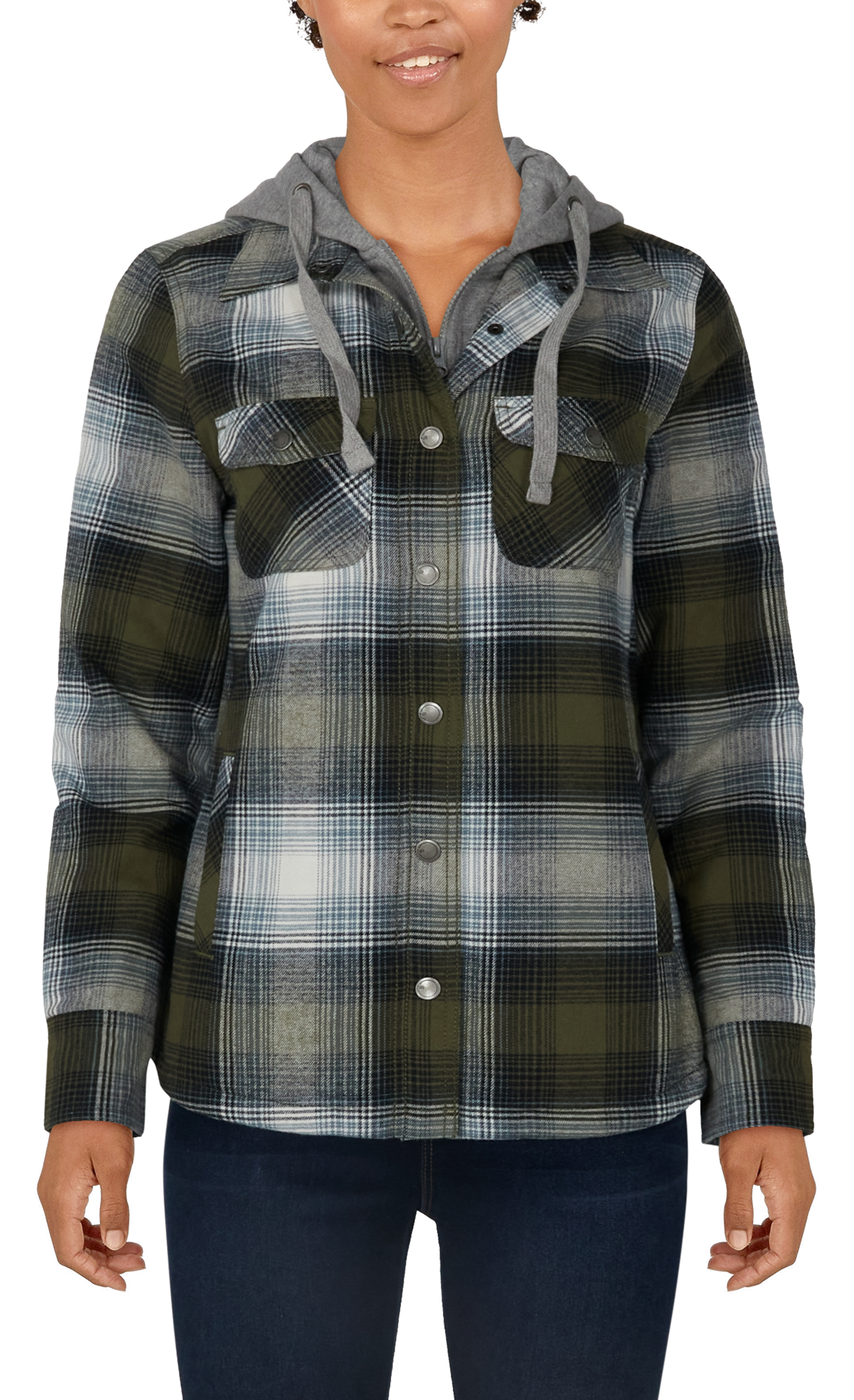 Natural Reflections Flannel Snap-Down Hooded Long-Sleeve Shirt Jacket for Ladies                                                
