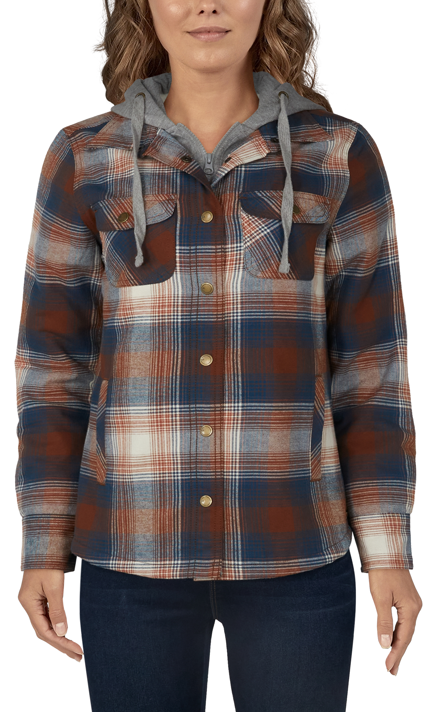 Image of Natural Reflections Flannel Snap-Down Hooded Long-Sleeve Shirt Jacket for Ladies - Legion Blue Plaid - XXL