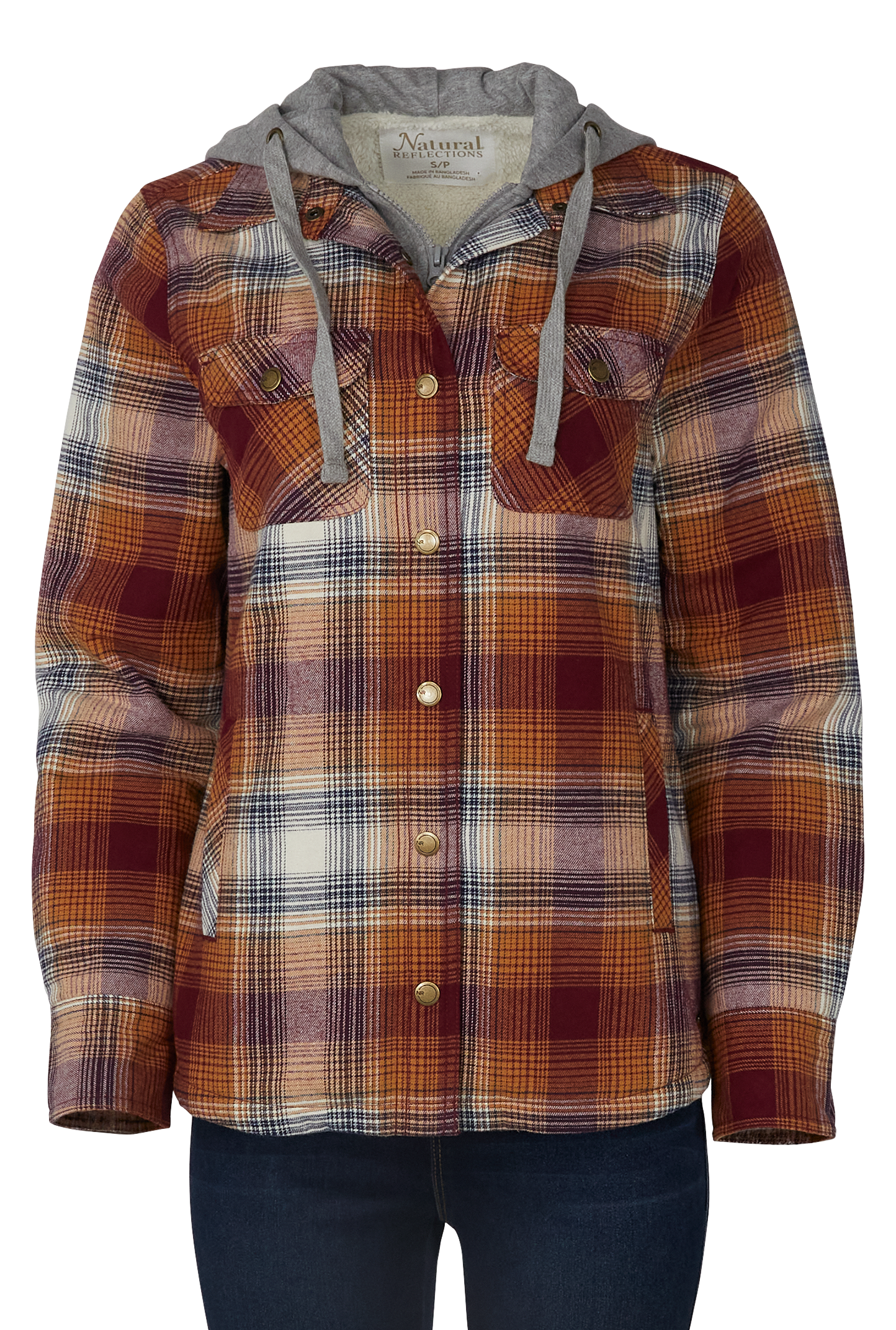 NATURAL REFLECTIONS Flannel Snap-Down Hooded Long-Sleeve Shirt Jacket