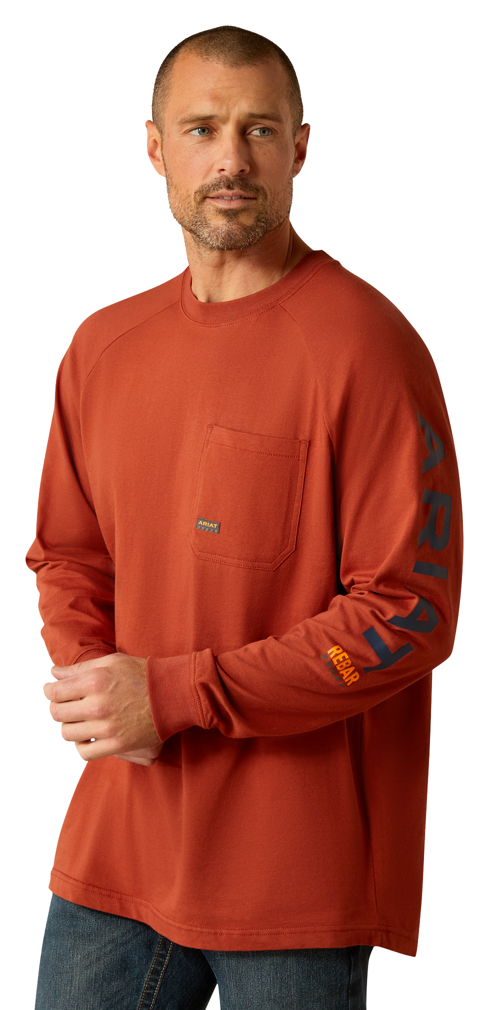 Image of Ariat Rebar CottonStrong Graphic Long-Sleeve Pocket T-Shirt for Men - Burnt Henna