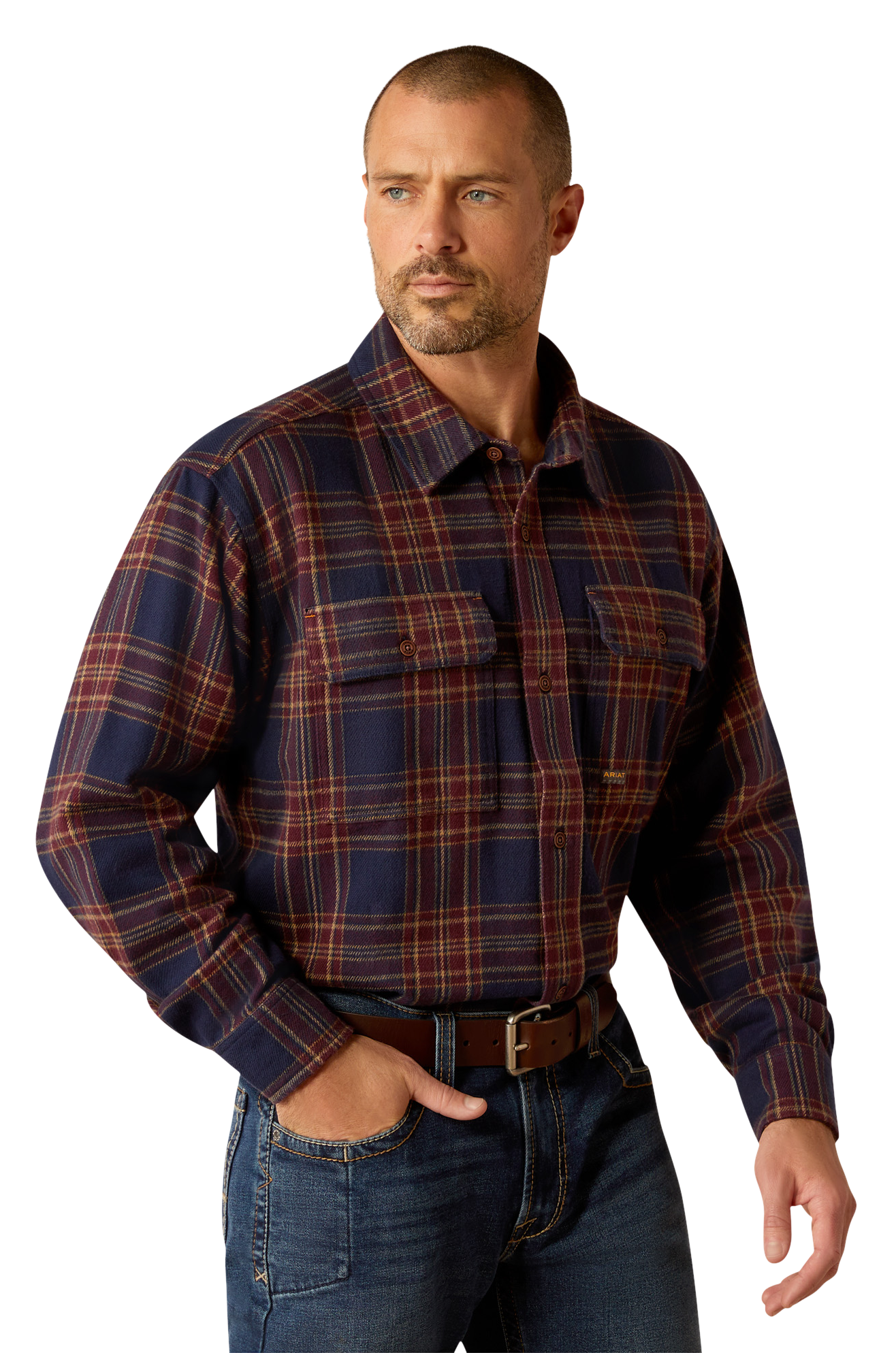 Image of Ariat Rebar Heavy Flannel Long-Sleeve Work Shirt for Men - Navy/Malbec