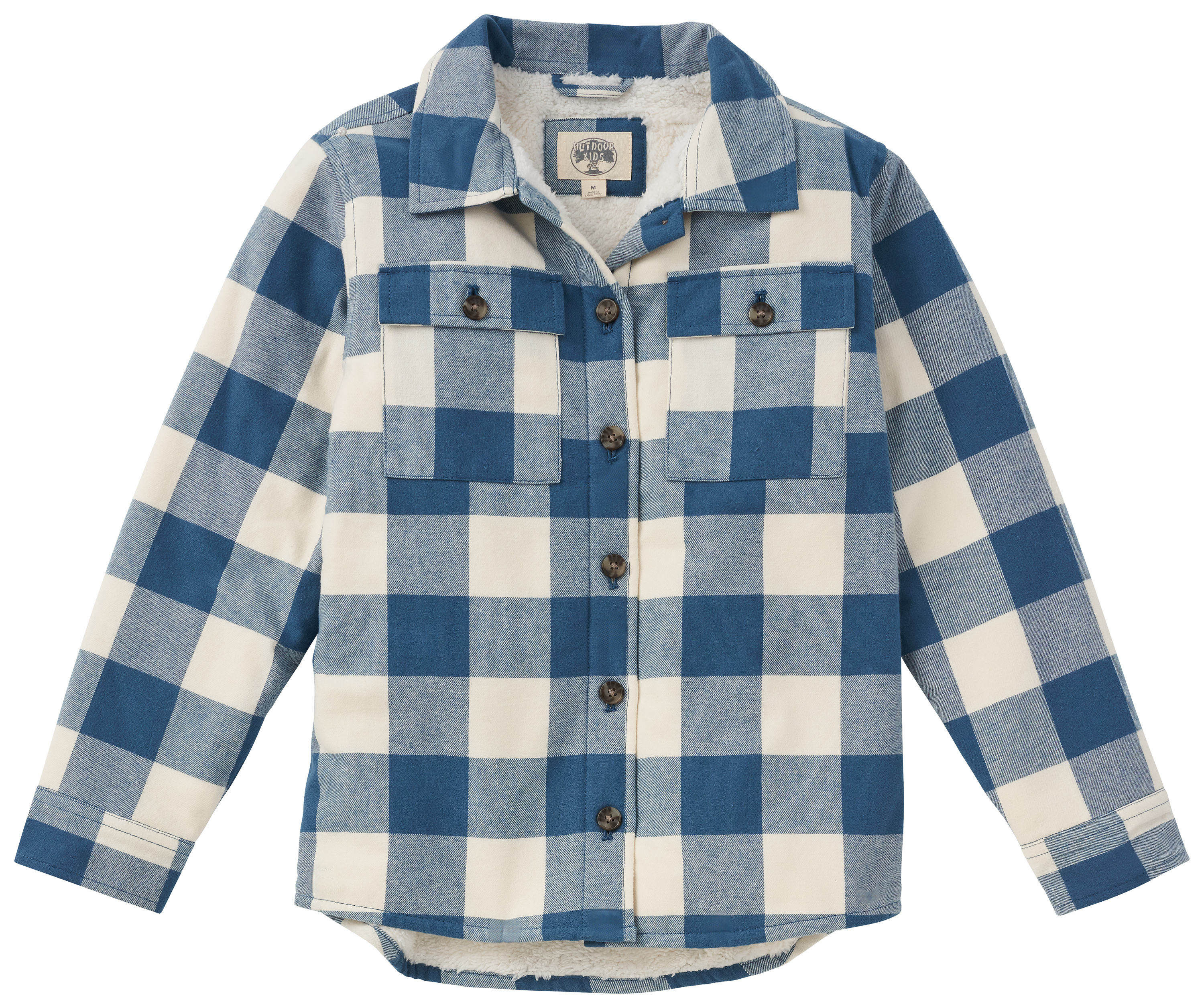 Image of Outdoor Kids Sherpa-Lined Flannel Long-Sleeve Button-Down Shirt for Kids - Blue/Cream - XS