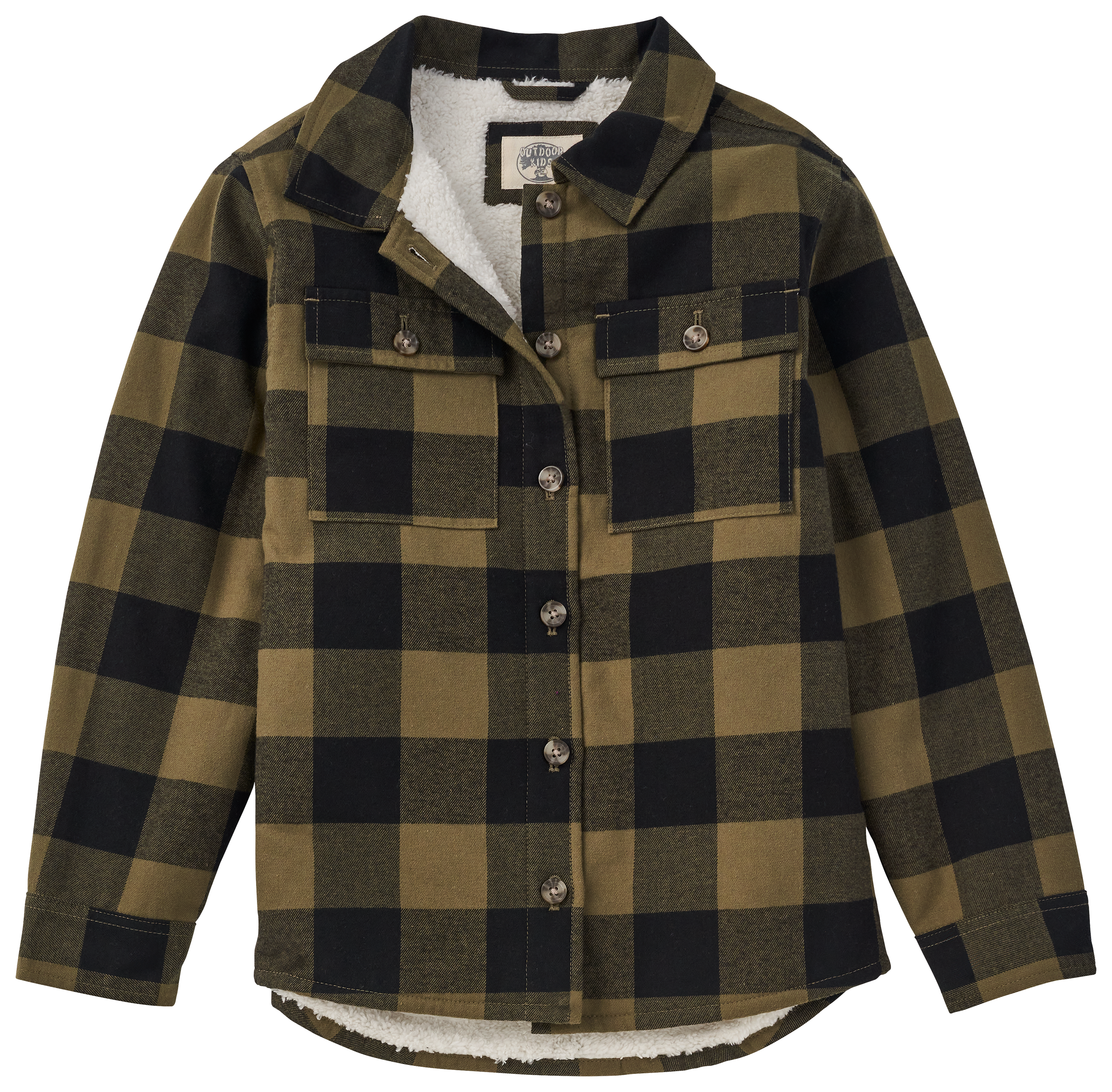 Image of Outdoor Kids Sherpa-Lined Flannel Long-Sleeve Button-Down Shirt for Kids - Olive/Black - XS