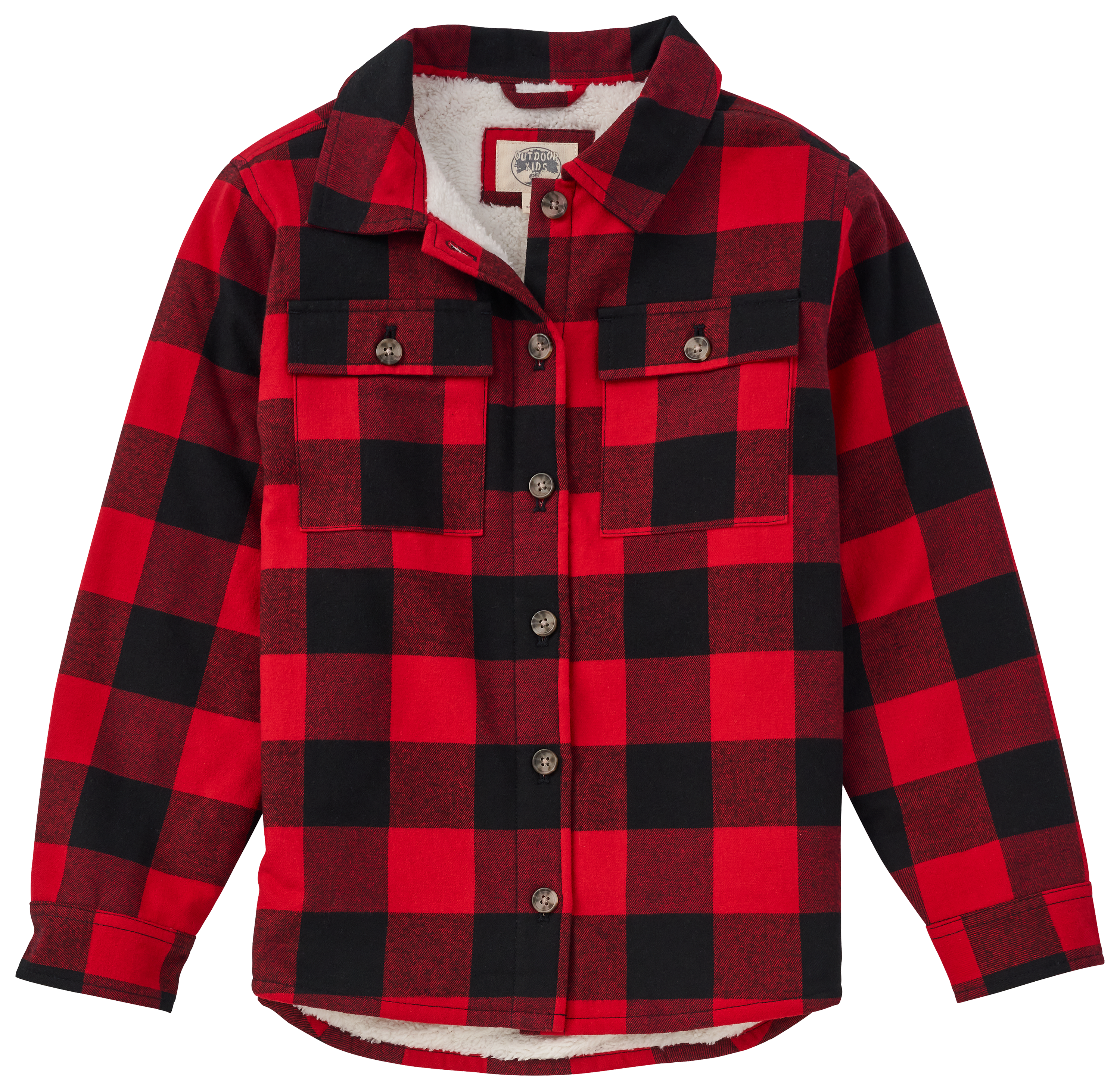 Image of Outdoor Kids Sherpa-Lined Flannel Long-Sleeve Button-Down Shirt for Kids - Red/Black - XS