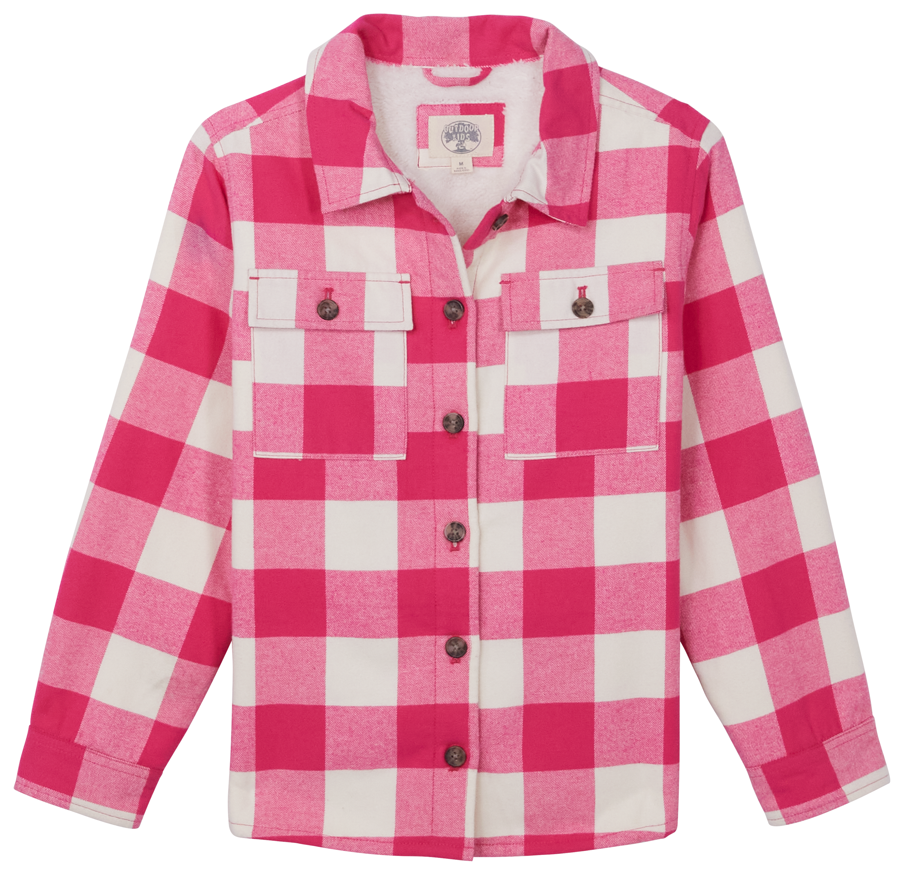 Image of Outdoor Kids Sherpa-Lined Flannel Long-Sleeve Button-Down Shirt for Kids - Pink/Cream - XS