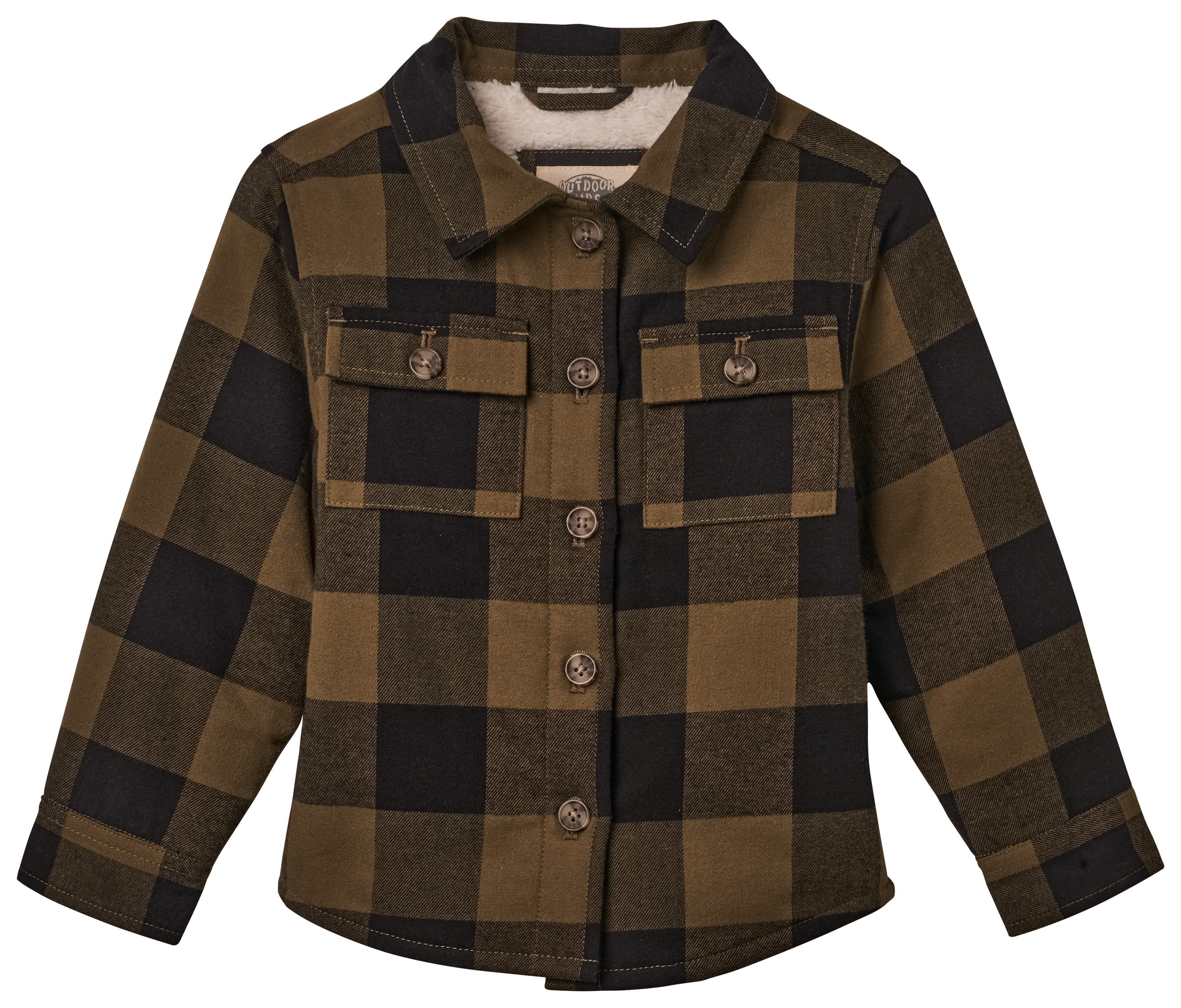 Image of Outdoor Kids Sherpa-Lined Flannel Long-Sleeve Button-Down Shirt for Kids - Olive/Black - 2T