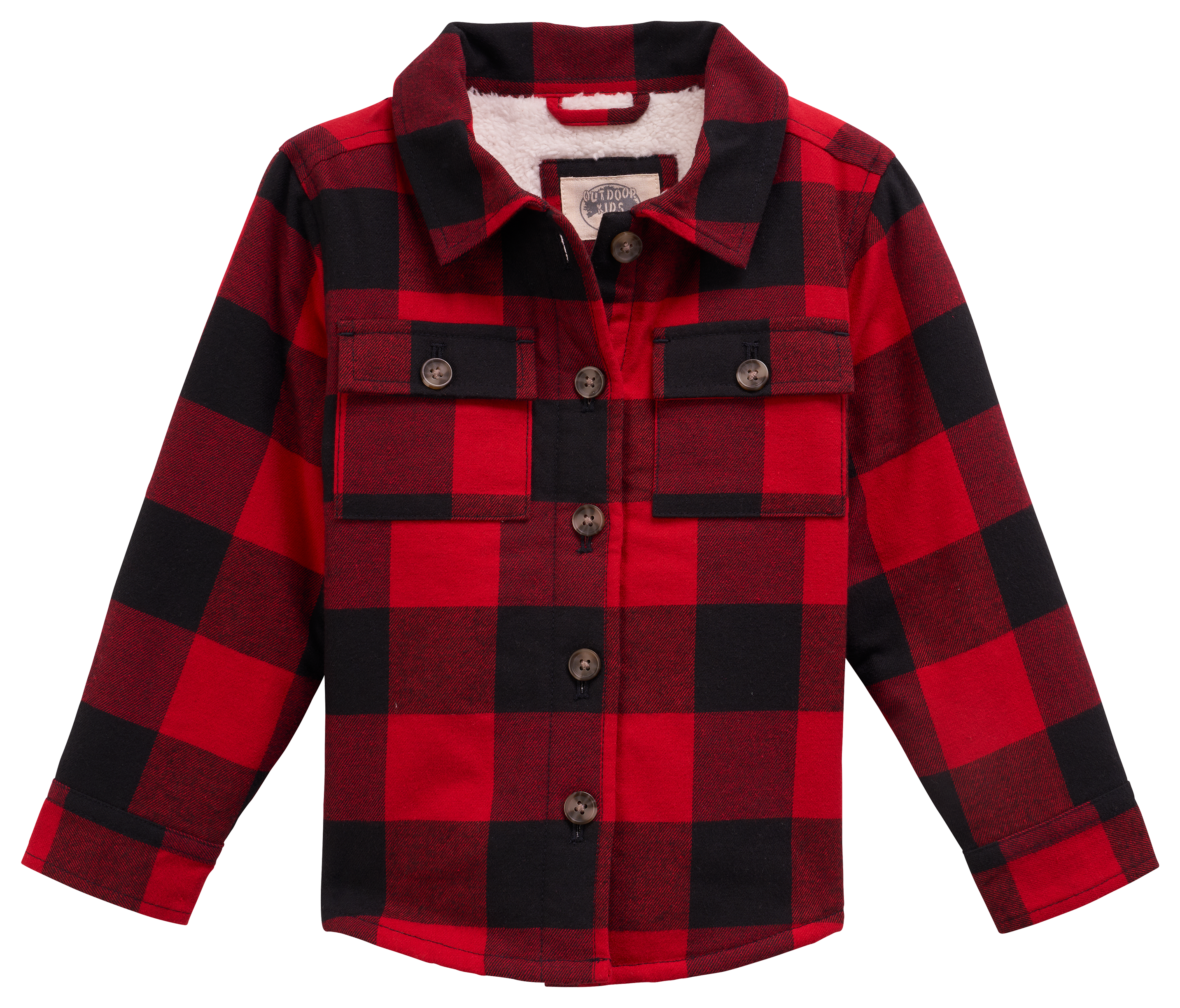 Image of Outdoor Kids Sherpa-Lined Flannel Long-Sleeve Button-Down Shirt for Toddlers - Red/Black - 2T