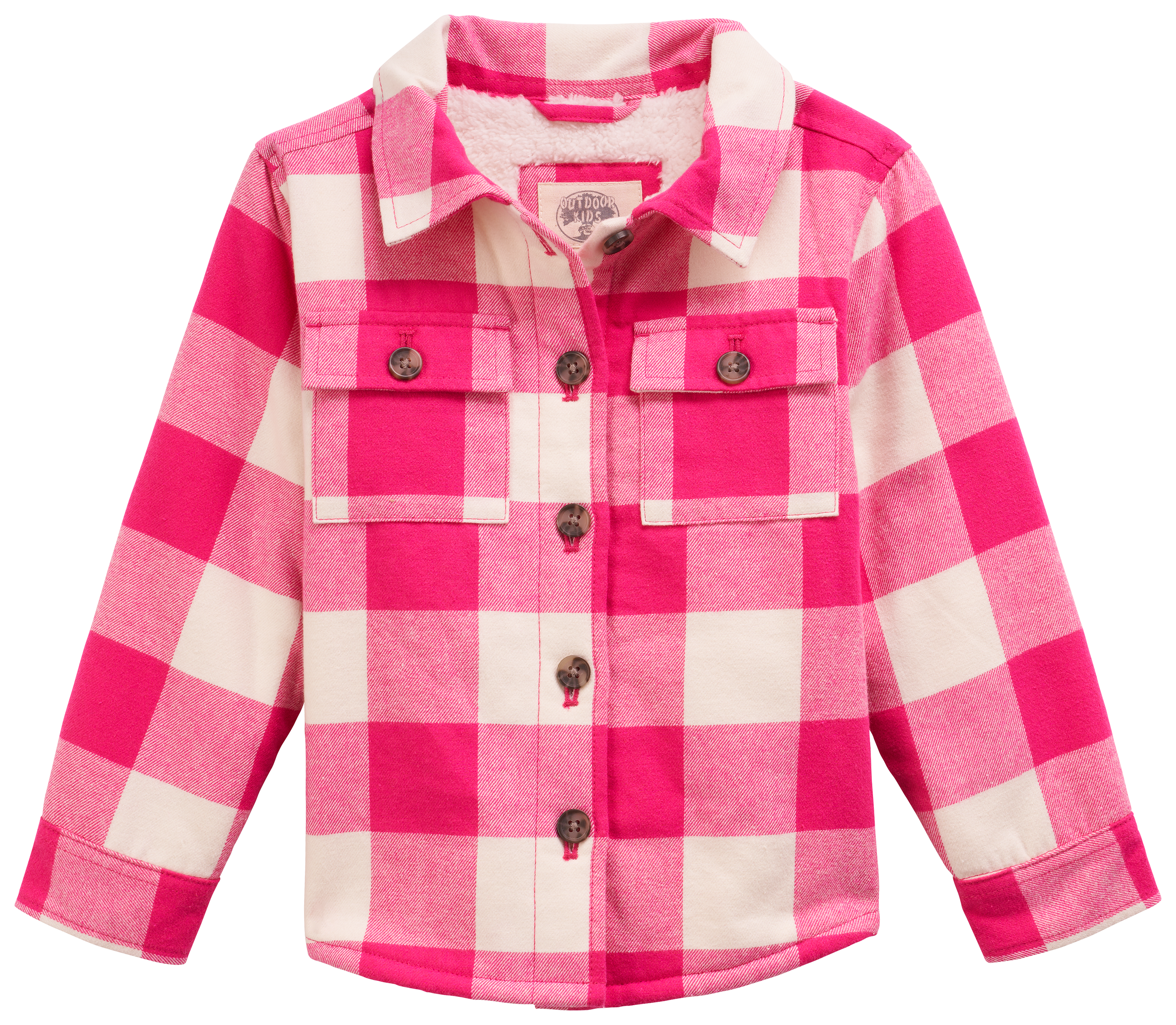 Image of Outdoor Kids Sherpa-Lined Flannel Long-Sleeve Button-Down Shirt for Toddlers - Pink/Cream - 2T