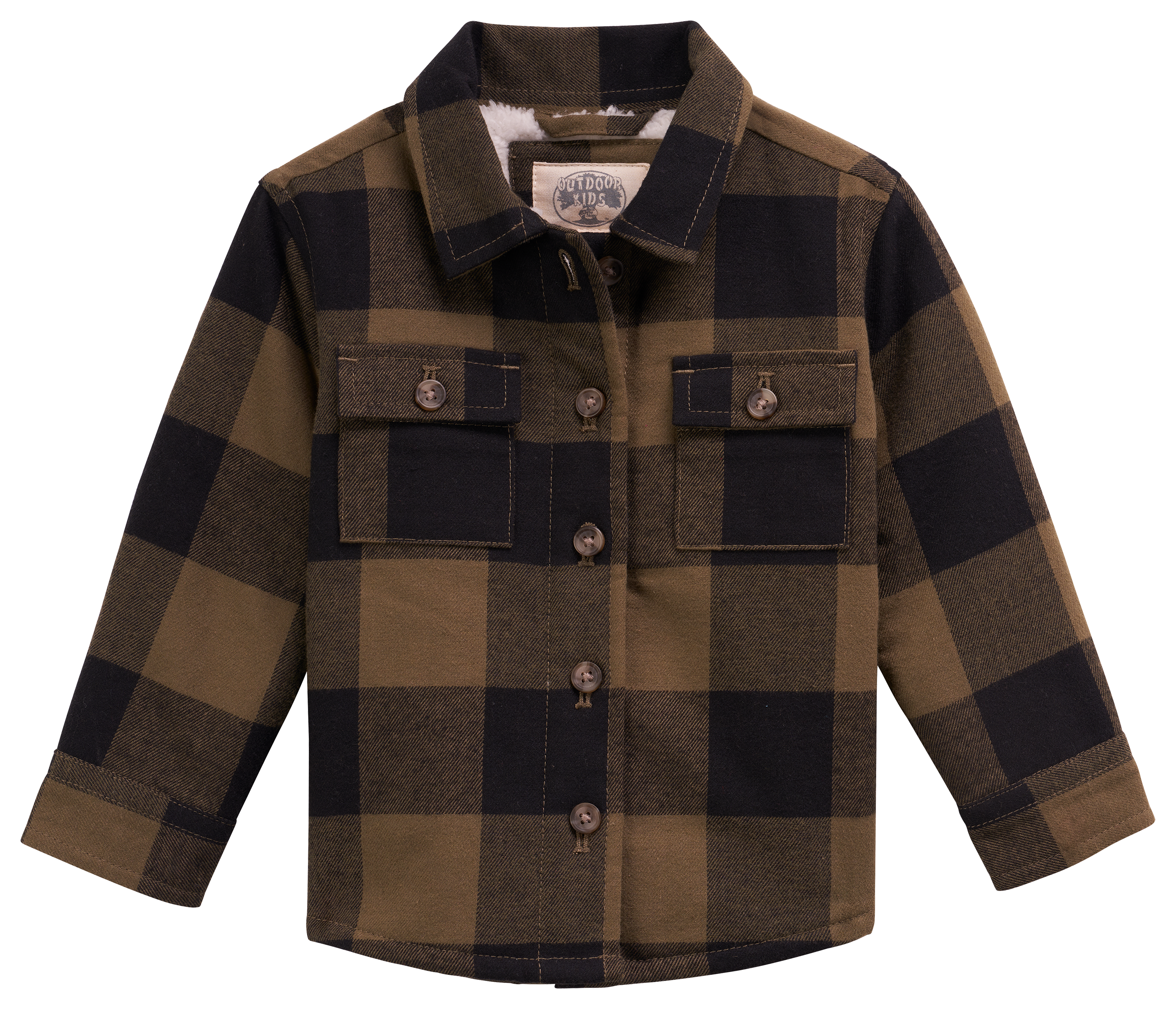 Image of Outdoor Kids Sherpa-Lined Flannel Long-Sleeve Button-Down Shirt for Babies - Olive/Black - 0-3 Months