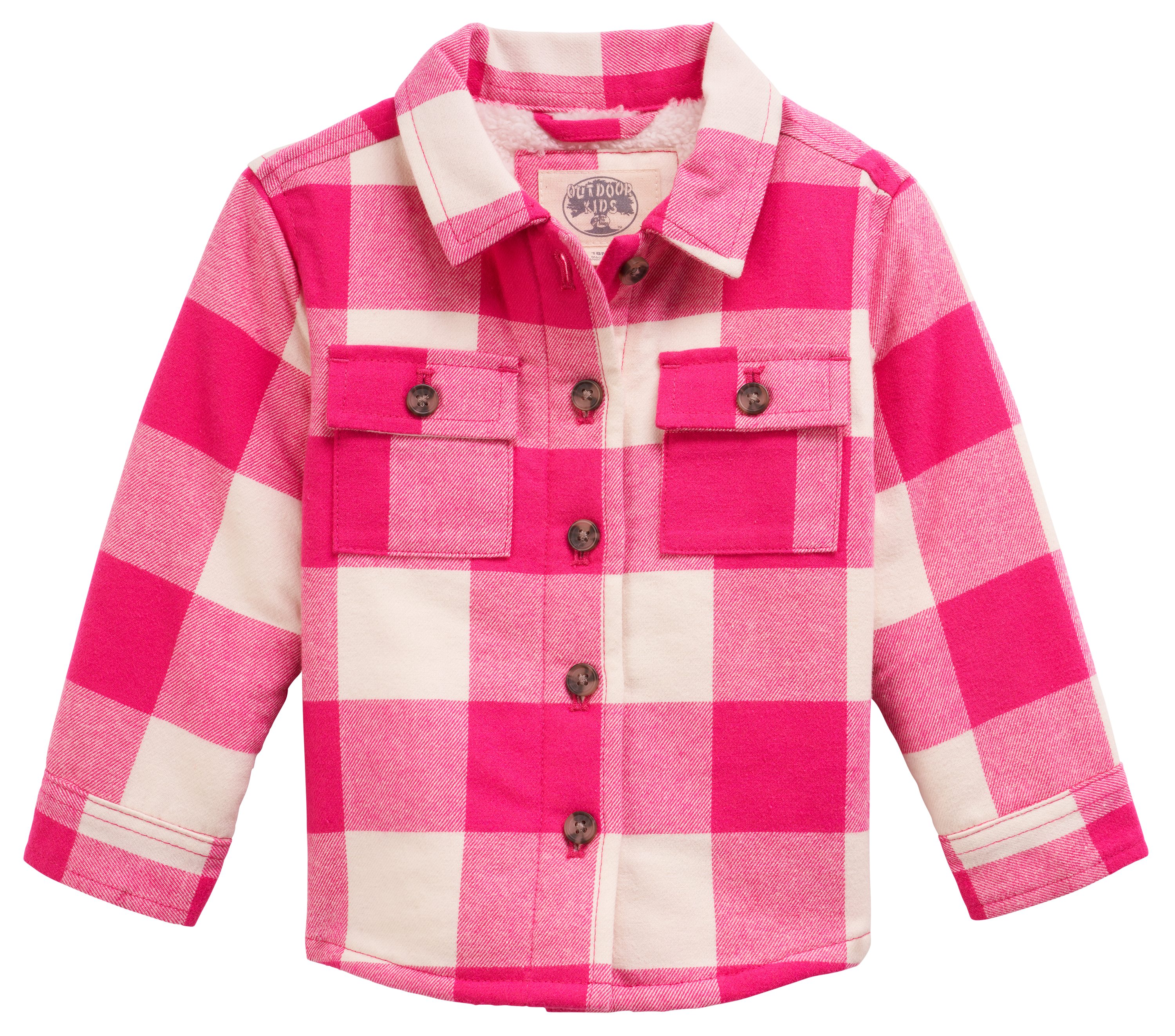 Image of Outdoor Kids Sherpa-Lined Flannel Long-Sleeve Button-Down Shirt for Babies - Pink/Cream - 0-3 Months