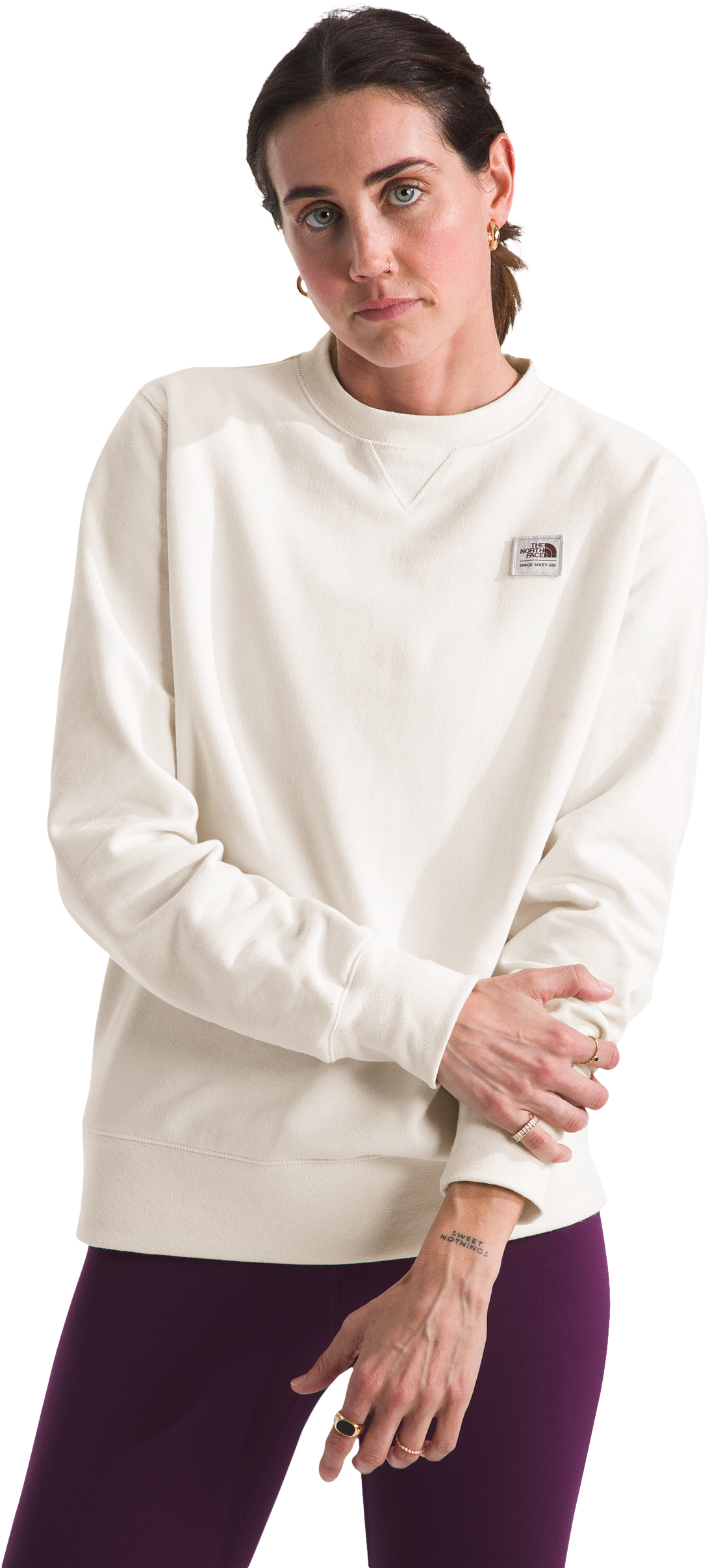 The North Face Heritage Patch Crew-Neck Sweatshirt for Ladies - White Dune/Heritage Patch - S