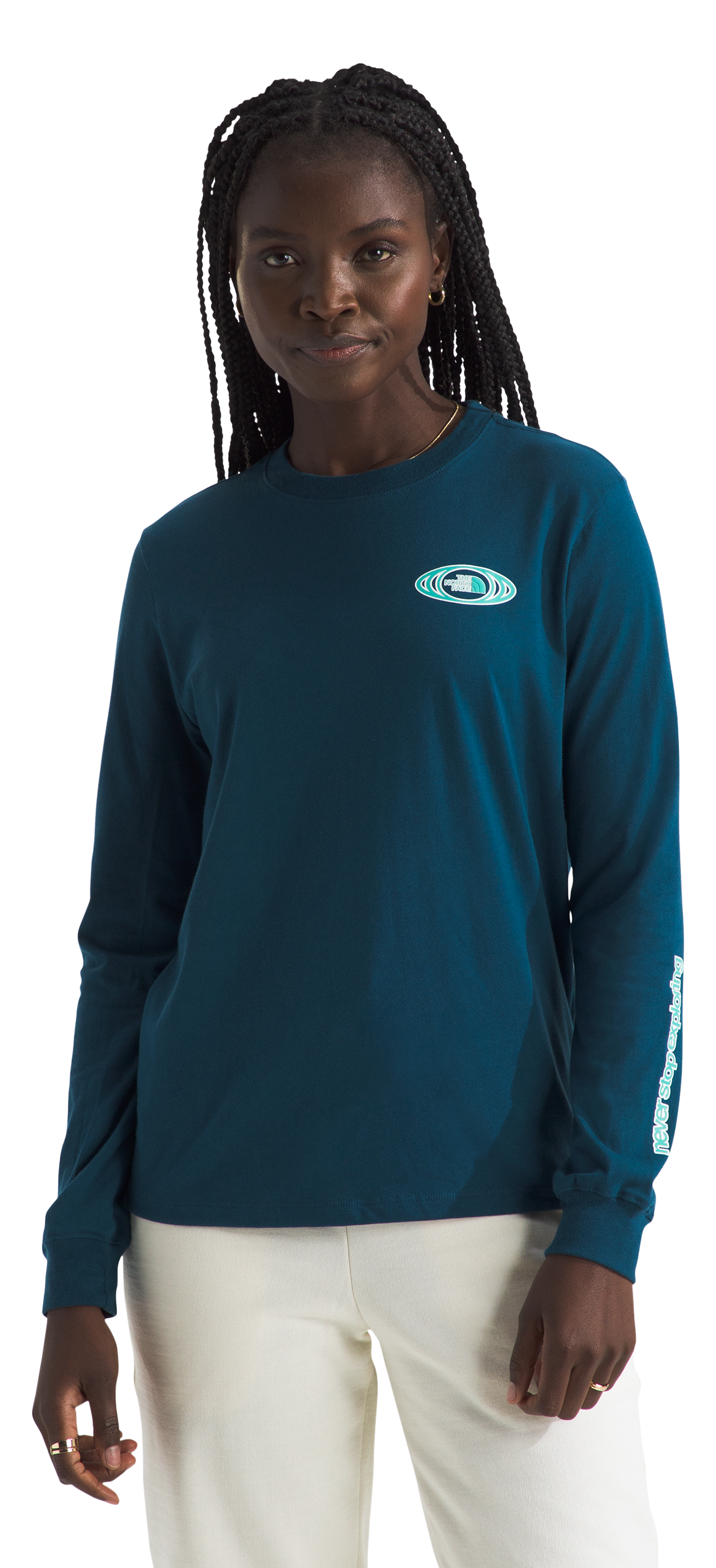 Image of The North Face Brand Proud Oval Logo Long-Sleeve T-Shirt for Ladies - Midnight Petrol - S