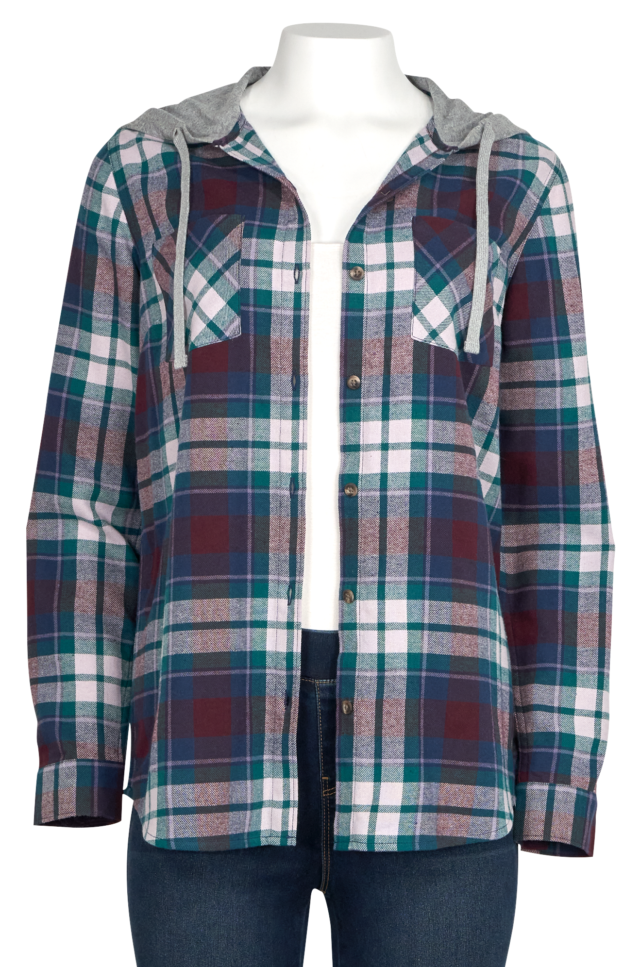 Image of Natural Reflections Hooded Flannel Long-Sleeve Shirt - Wine Plaid