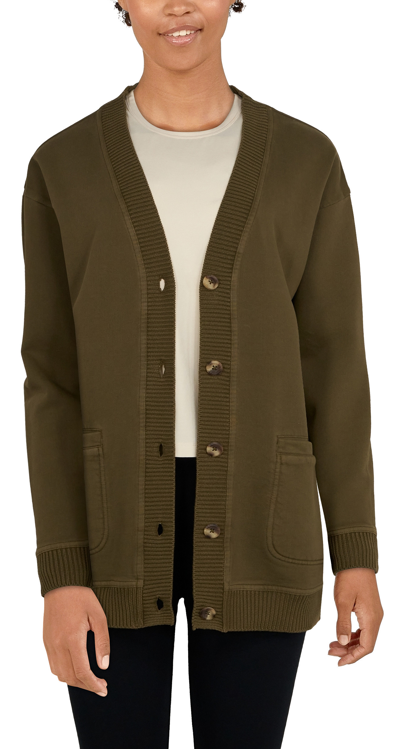 Image of Natural Reflections Harbor French Terry Cardigan for Ladies - Dark Olive - XS