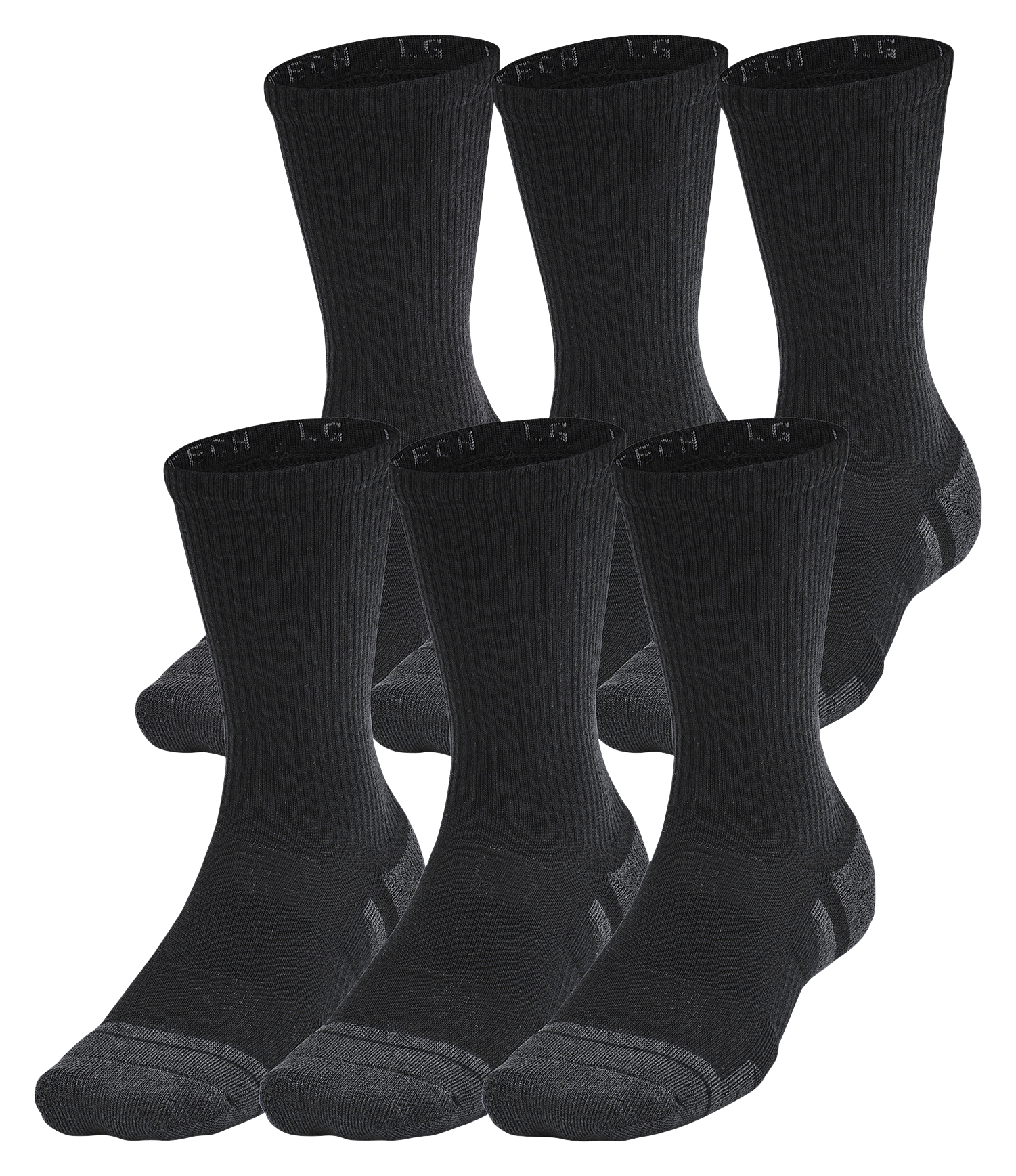 Image of Under Armour Performance Tech Crew Socks 6-Pair Pack - Black/Castlerock - M