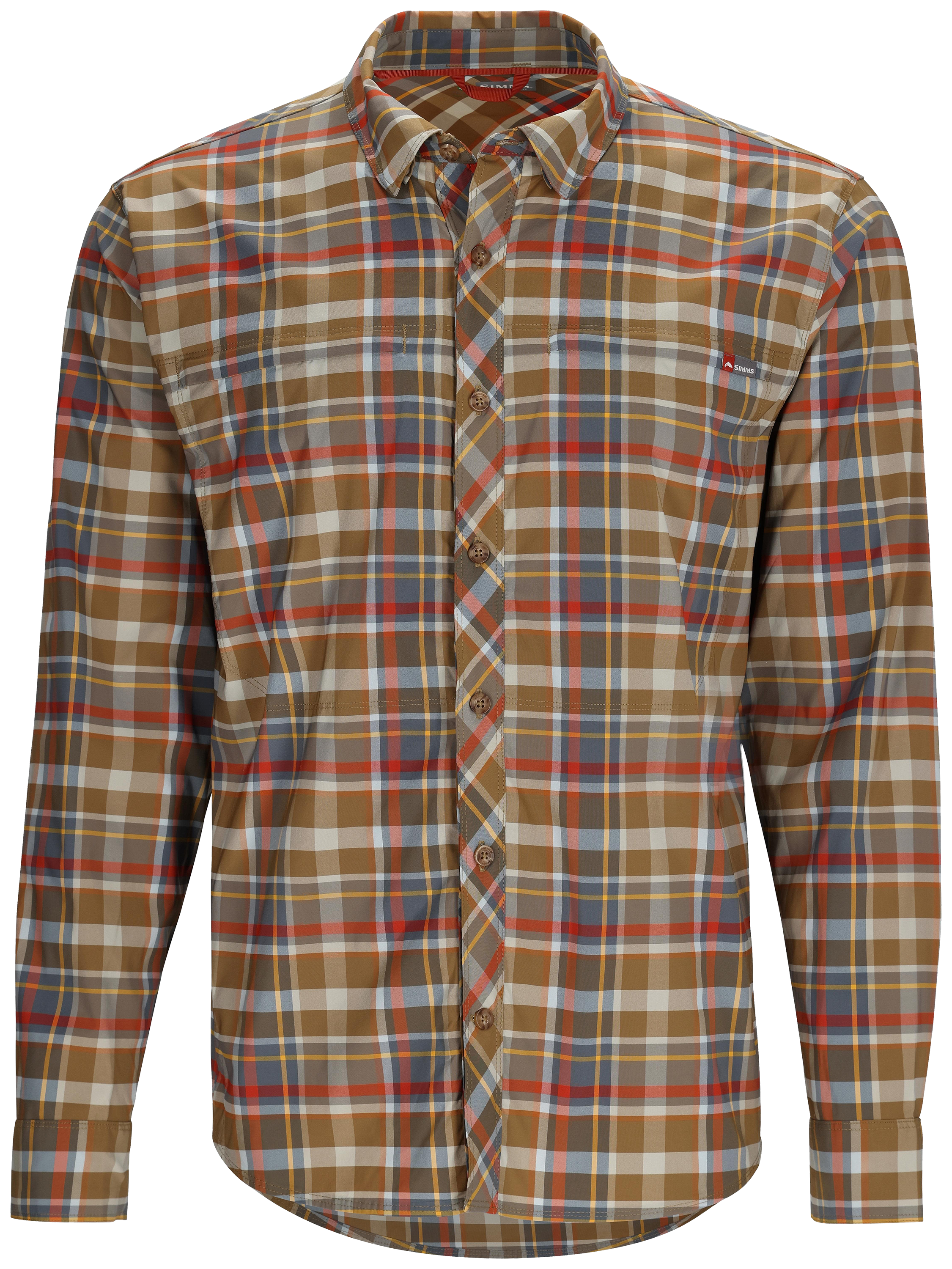 Image of Simms BugStopper Long-Sleeve Fishing Shirt for Men - Simms Chestnut Multi Plaid - M