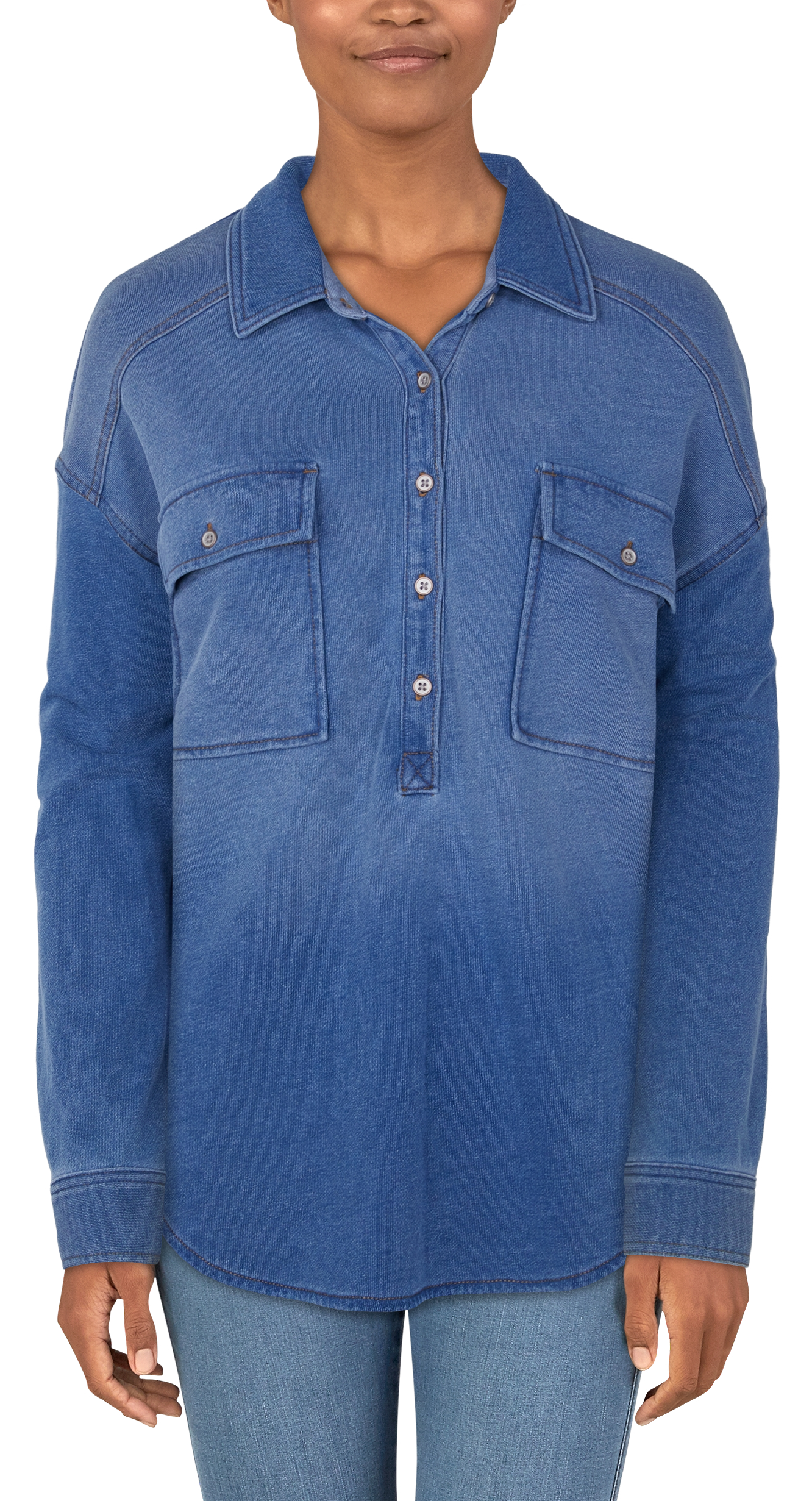 NATURAL REFLECTIONS Knit Denim Henley Long-Sleeve Shirt for Ladies