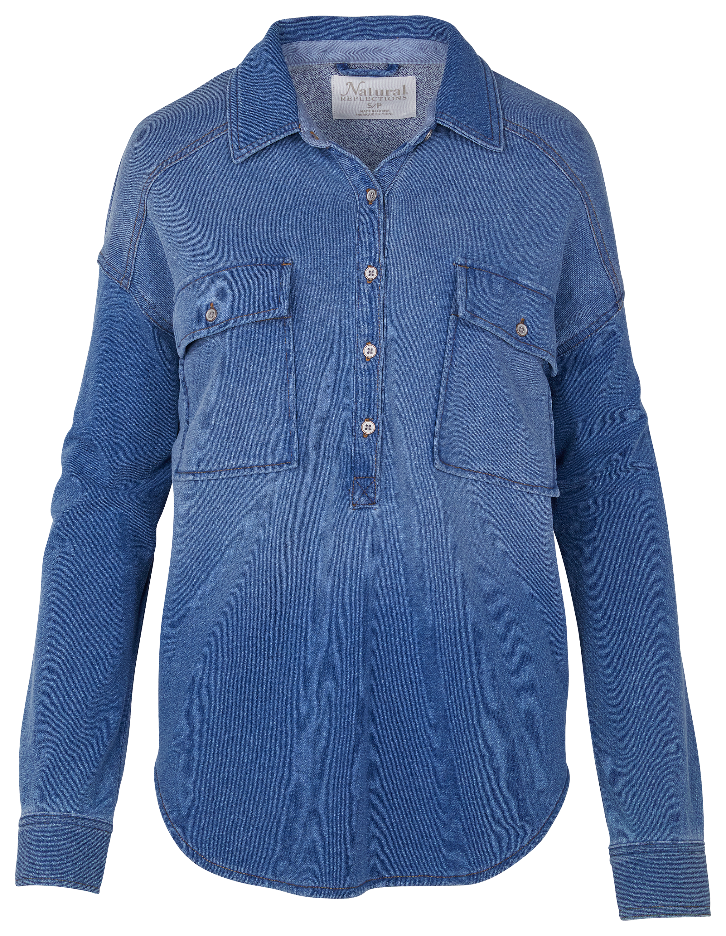 Image of Natural Reflections Knit Denim Henley Long-Sleeve Shirt - Indigo