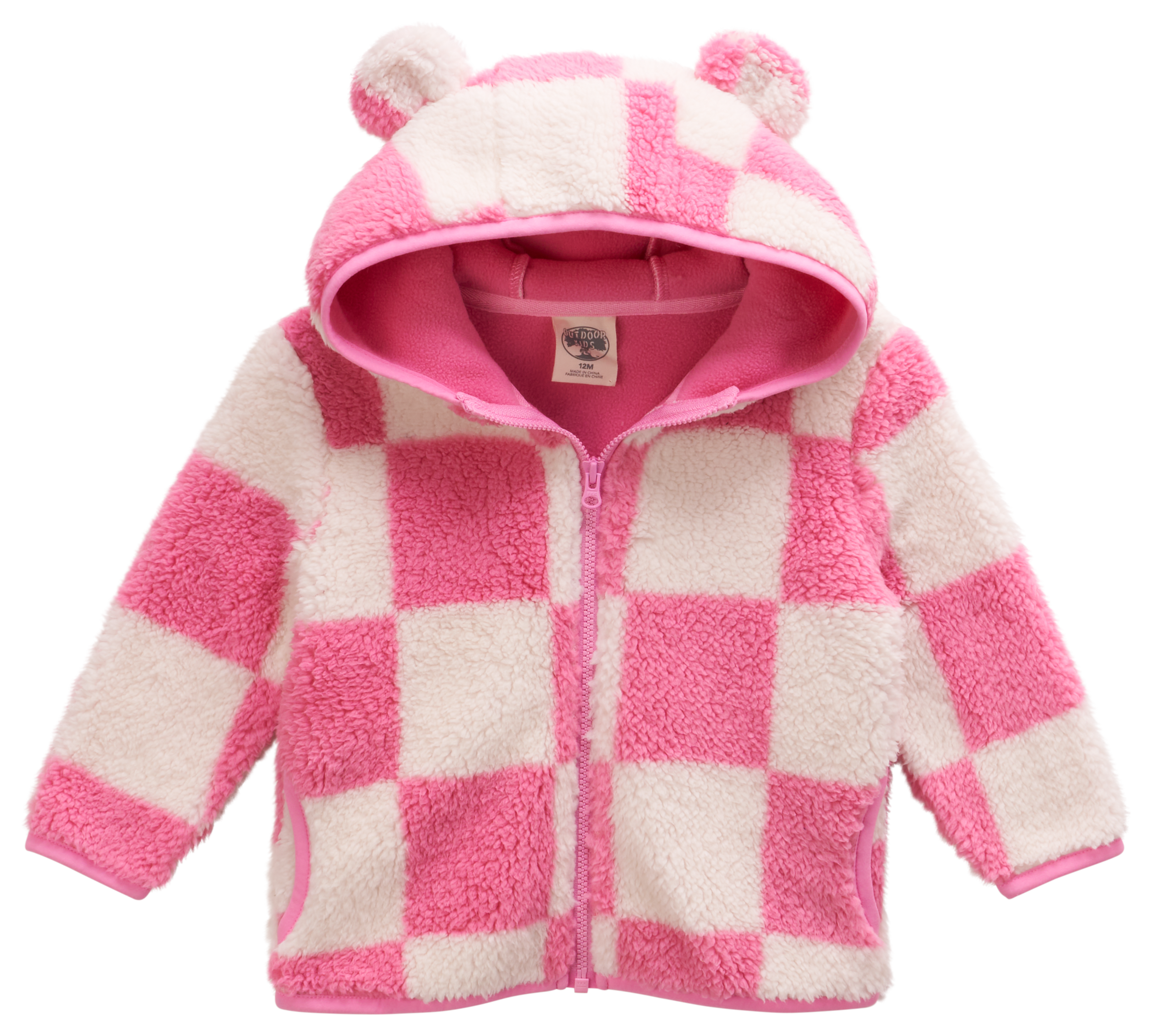 Image of Outdoor Kids Cozy Fleece Jacket for Babies - Pink Check - 0-3 Months