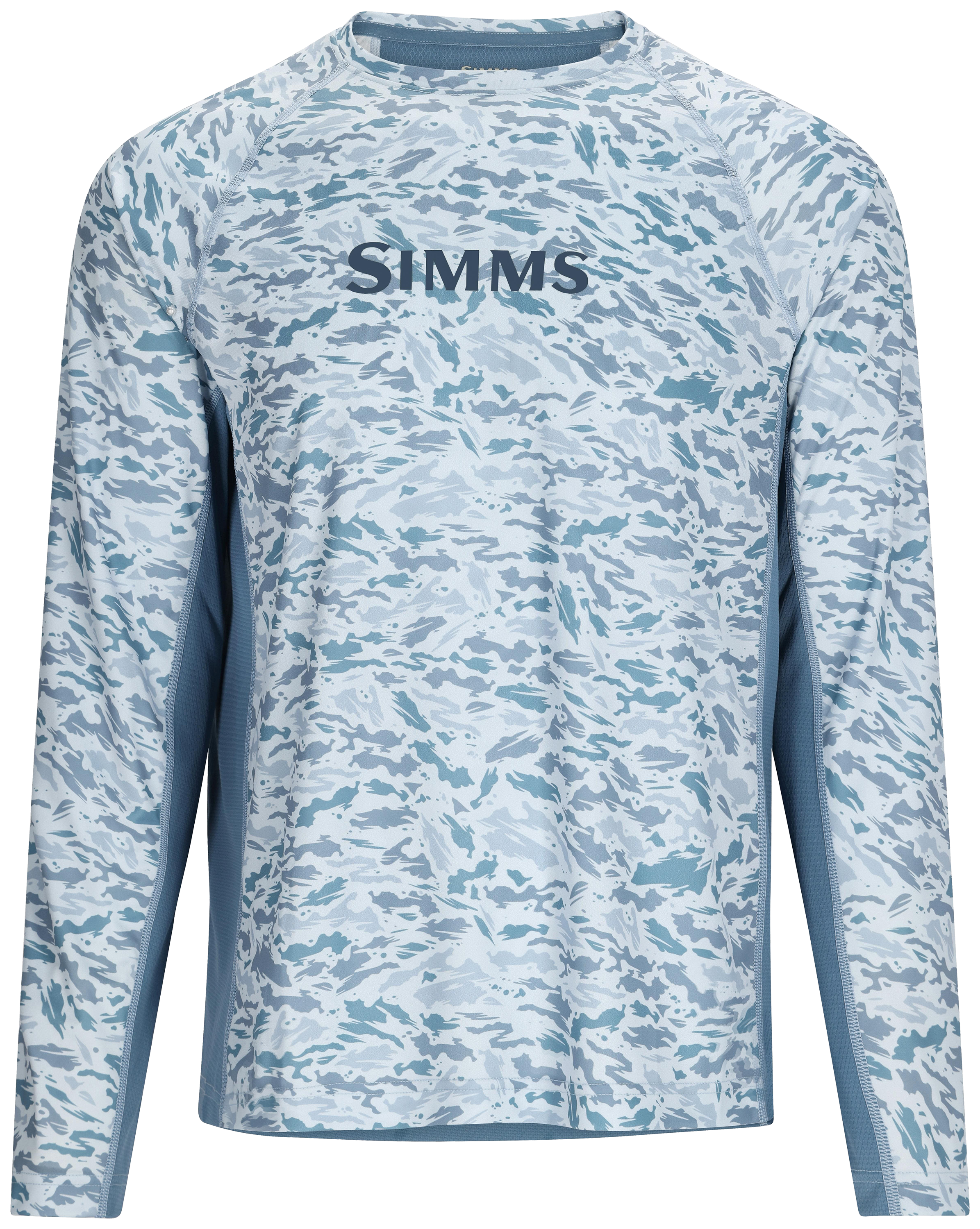 Image of Simms Challenger Solar Crew-Neck Long-Sleeve Shirt for Men - Ghost Camo Neptune/Neptune - 2XL