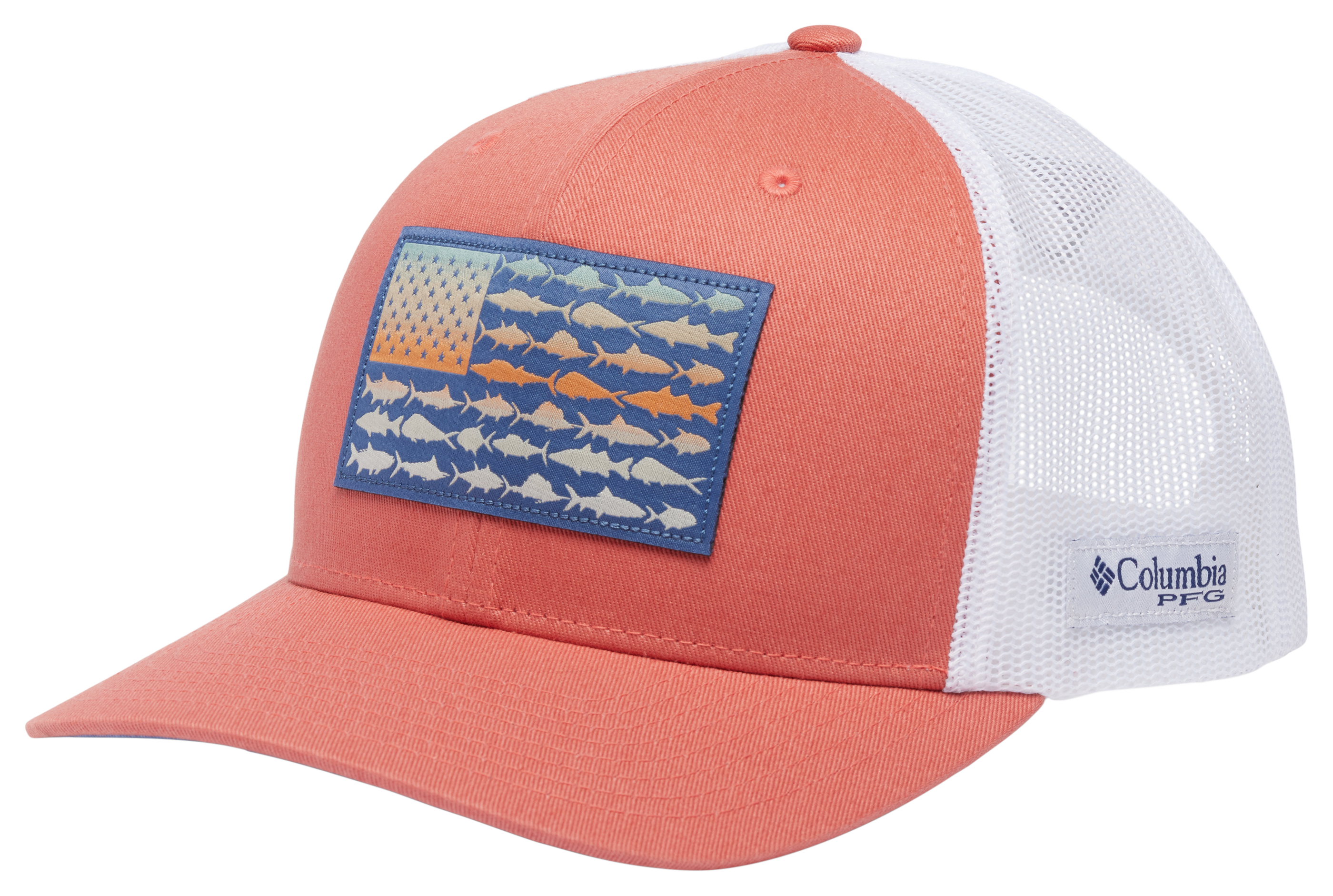 Image of Columbia PFG Fish Flag Mesh Snapback High-Crown Cap - Faded Peach/Fish Flag