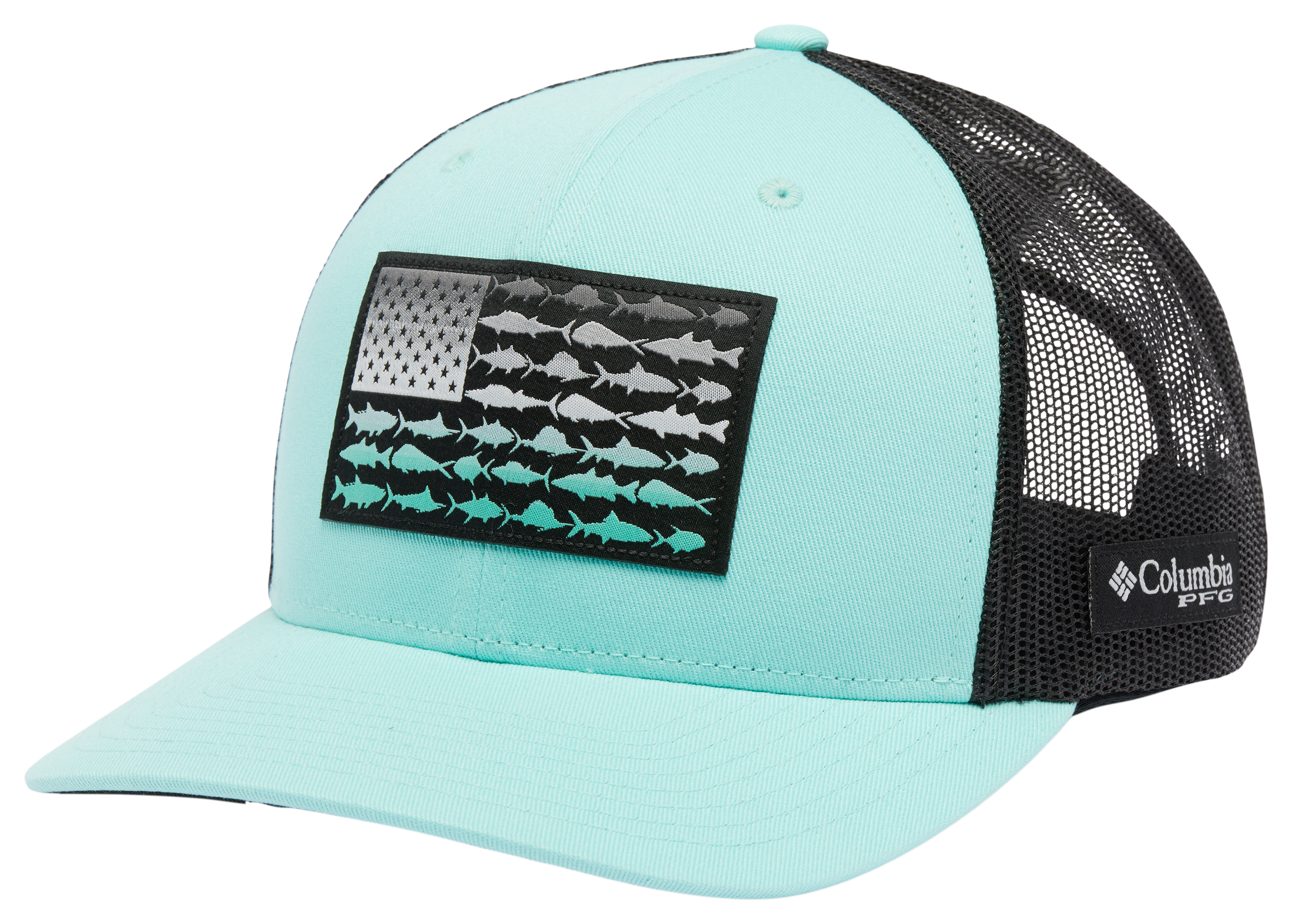 Image of Columbia PFG Fish Flag Mesh Snapback High-Crown Cap - Gulf Stream/Black/Fish Flag