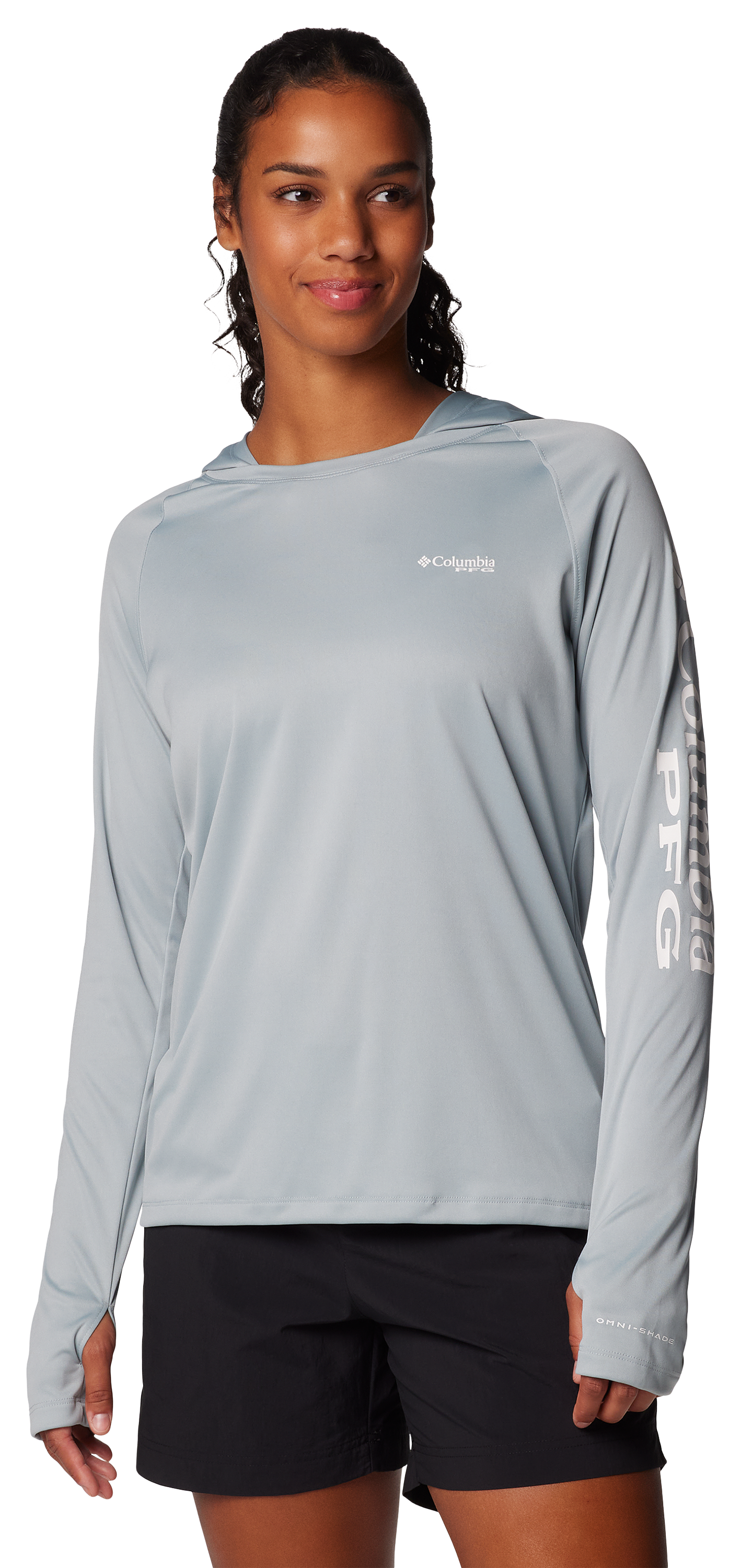 Image of Columbia PFG Tidal Tee Long-Sleeve Hoodie for Ladies - Crushed Blue/White Logo
