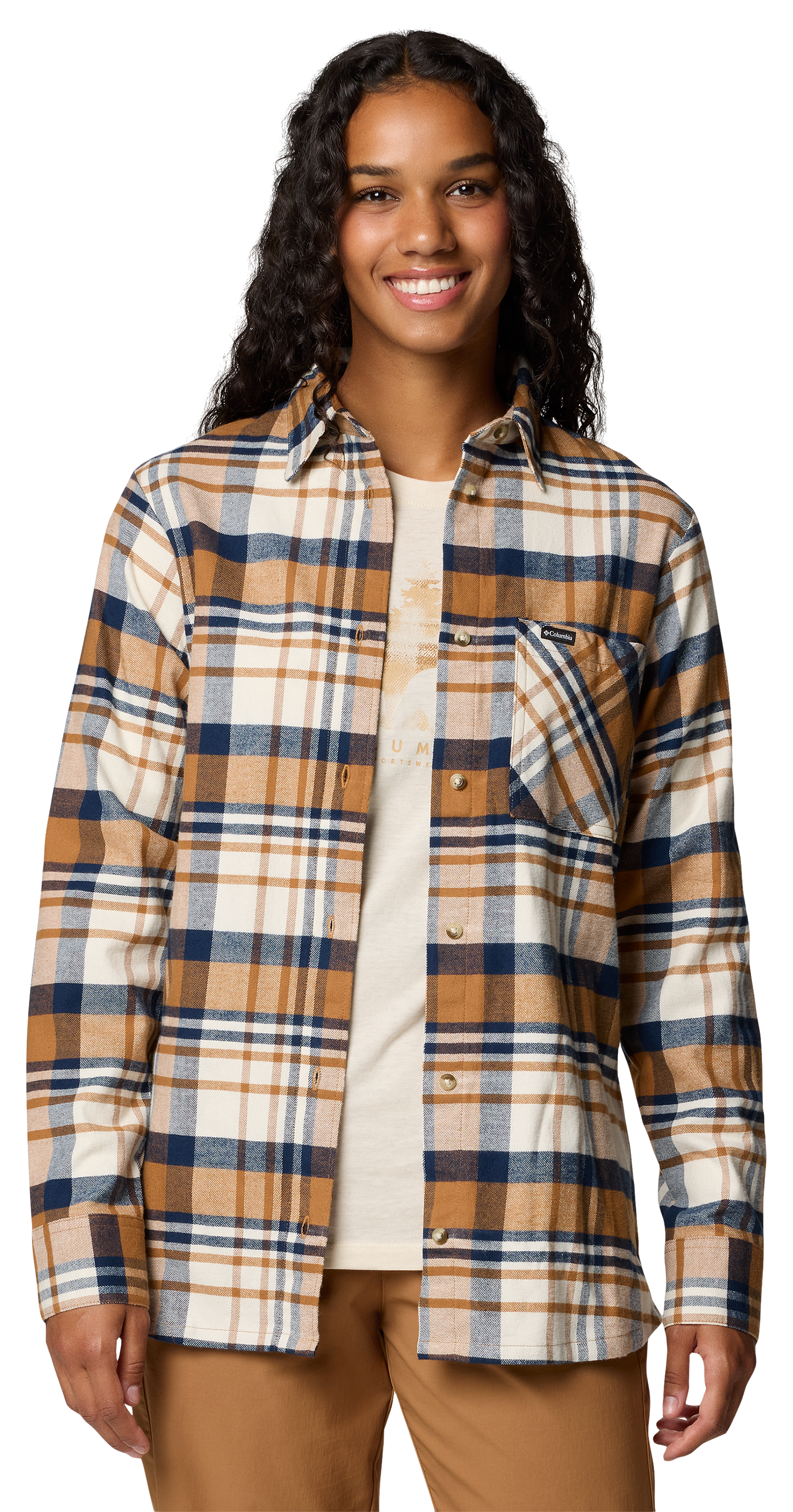 Image of Columbia Calico Basin Flannel Long-Sleeve Button-Down Shirt - Camel Brown Multiplaid