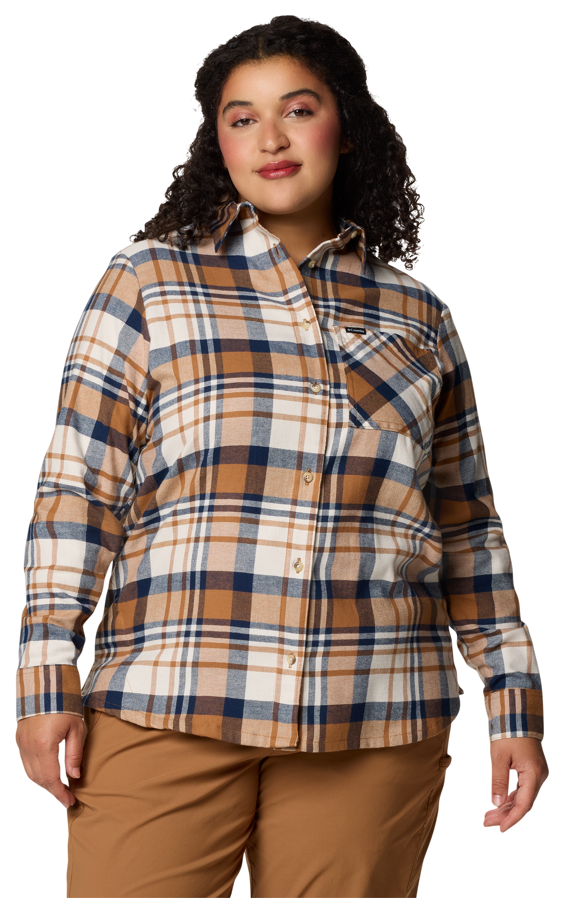 Image of Columbia Calico Basin Flannel Long-Sleeve Button-Down Shirt - Camel Brown Multiplaid