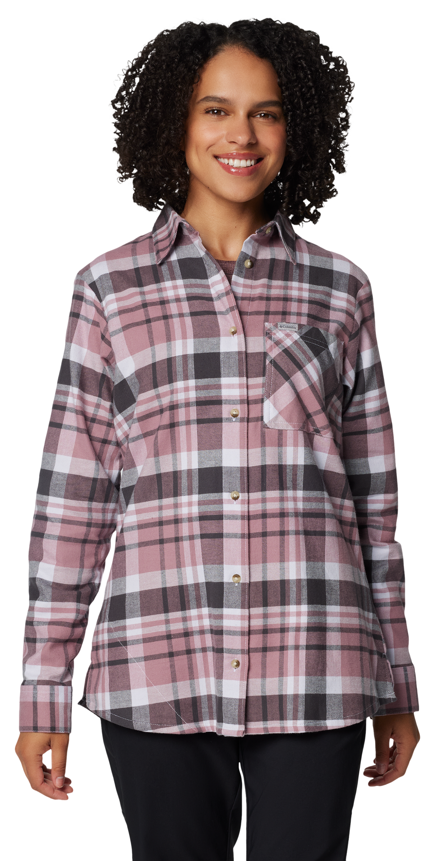 Columbia Calico Basin Flannel Long-Sleeve Button-Down Shirt for Ladies - Snowdrift Multiplaid - S