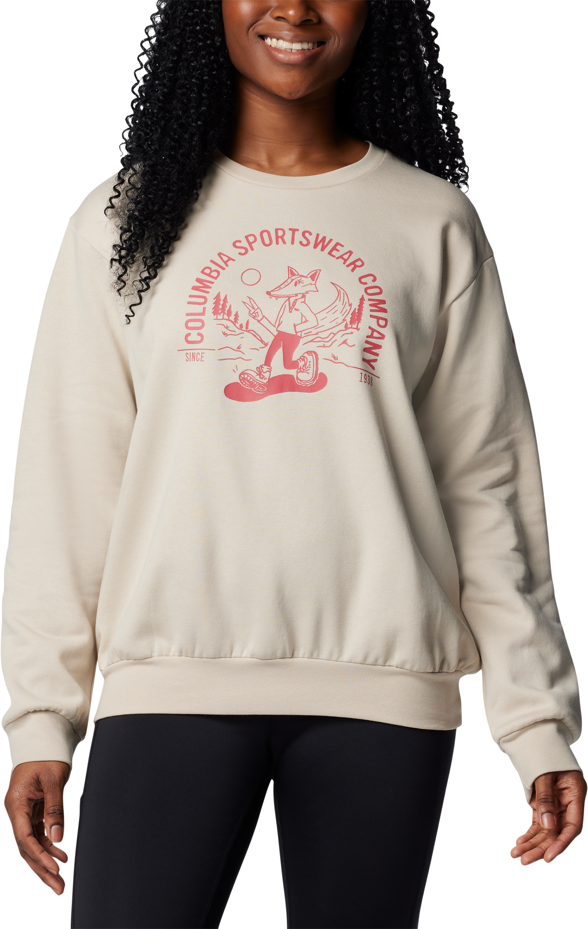 Image of Columbia Hart Mountain III Foxy Stroll Graphic Sweatshirt for Ladies - Dark Stone/Foxy Stroll - S