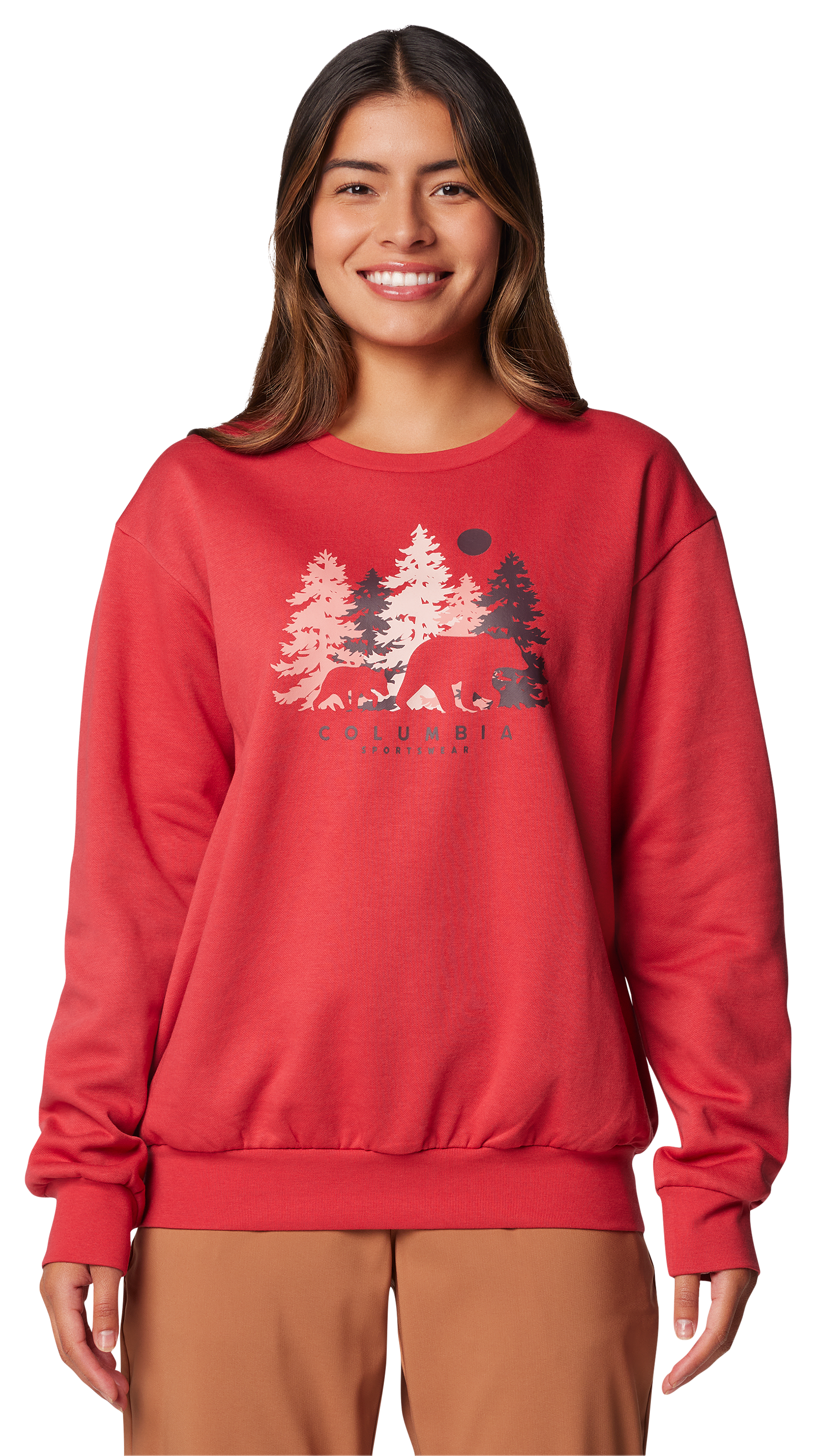 Image of Columbia Hart Mountain III Treehome Graphic Crew Sweatshirt for Ladies - Daredevil/Treehome - S