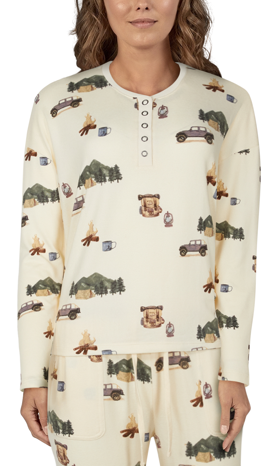 Image of Natural Reflections Camper Print Long-Sleeve Henley for Ladies - Camp Print - M