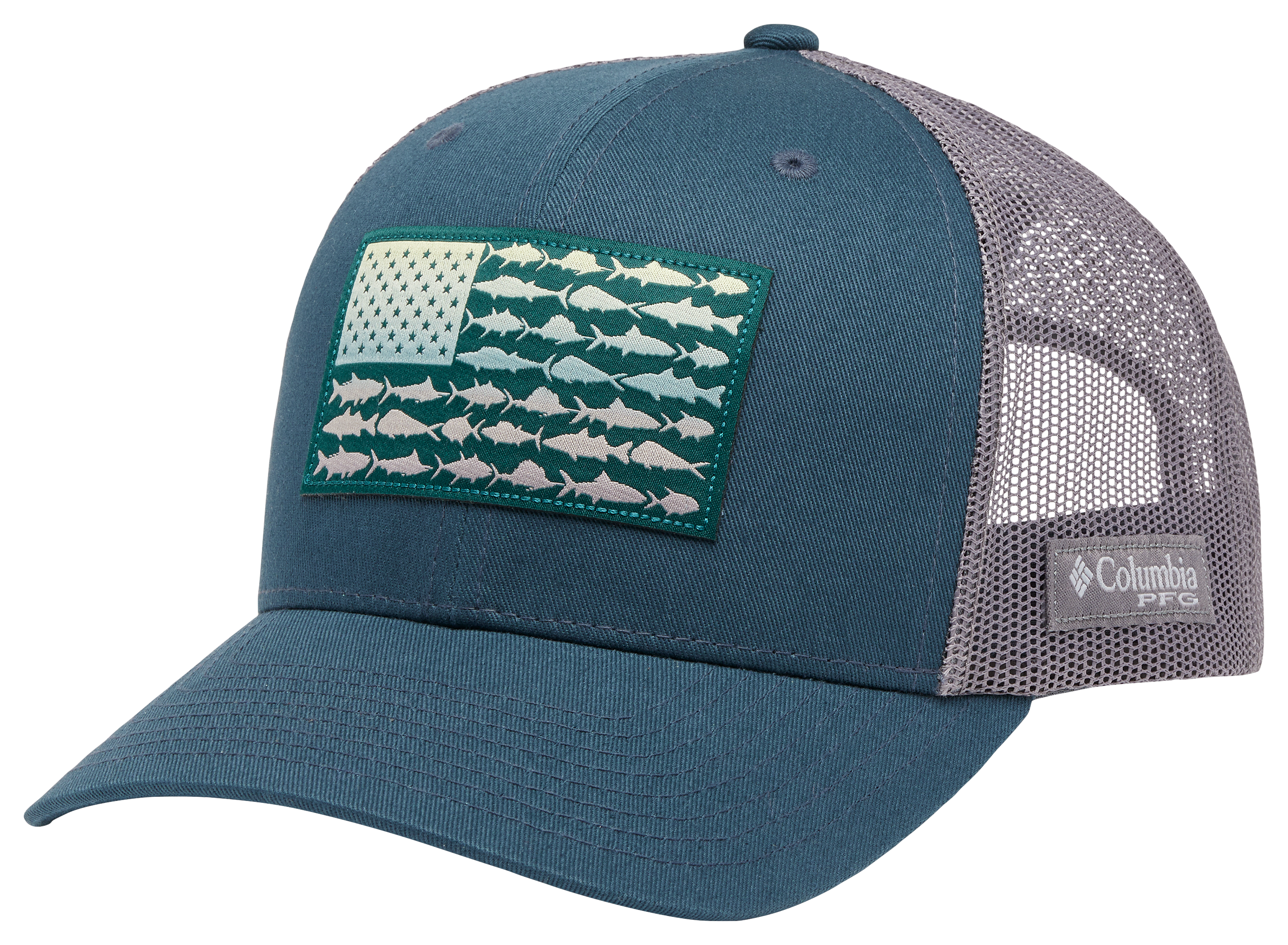 Image of Columbia PFG Mesh Snapback Fish Flag Ball Cap - Midnight Teal/Kettle/Fish Flag