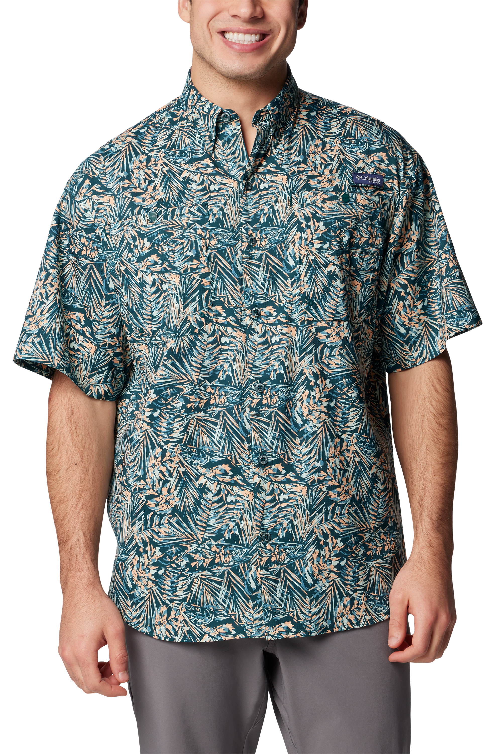 Image of Columbia PFG Super Tamiami Short-Sleeve Button-Down Shirt for Men - Midnight Teal Tunado - S
