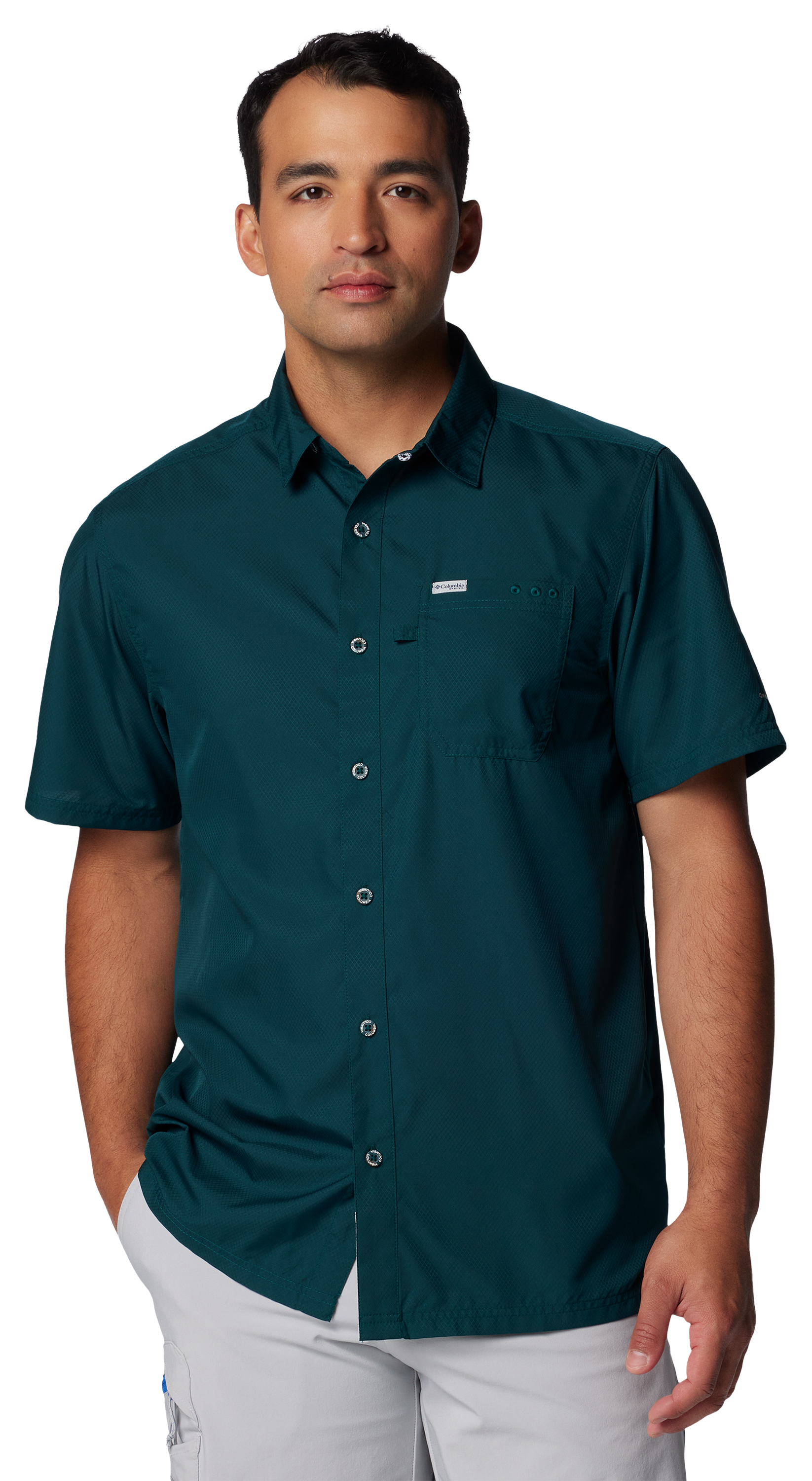 Image of Columbia PFG Slack Tide Camp Short-Sleeve Button-Down Shirt for Men - Midnight Teal - S