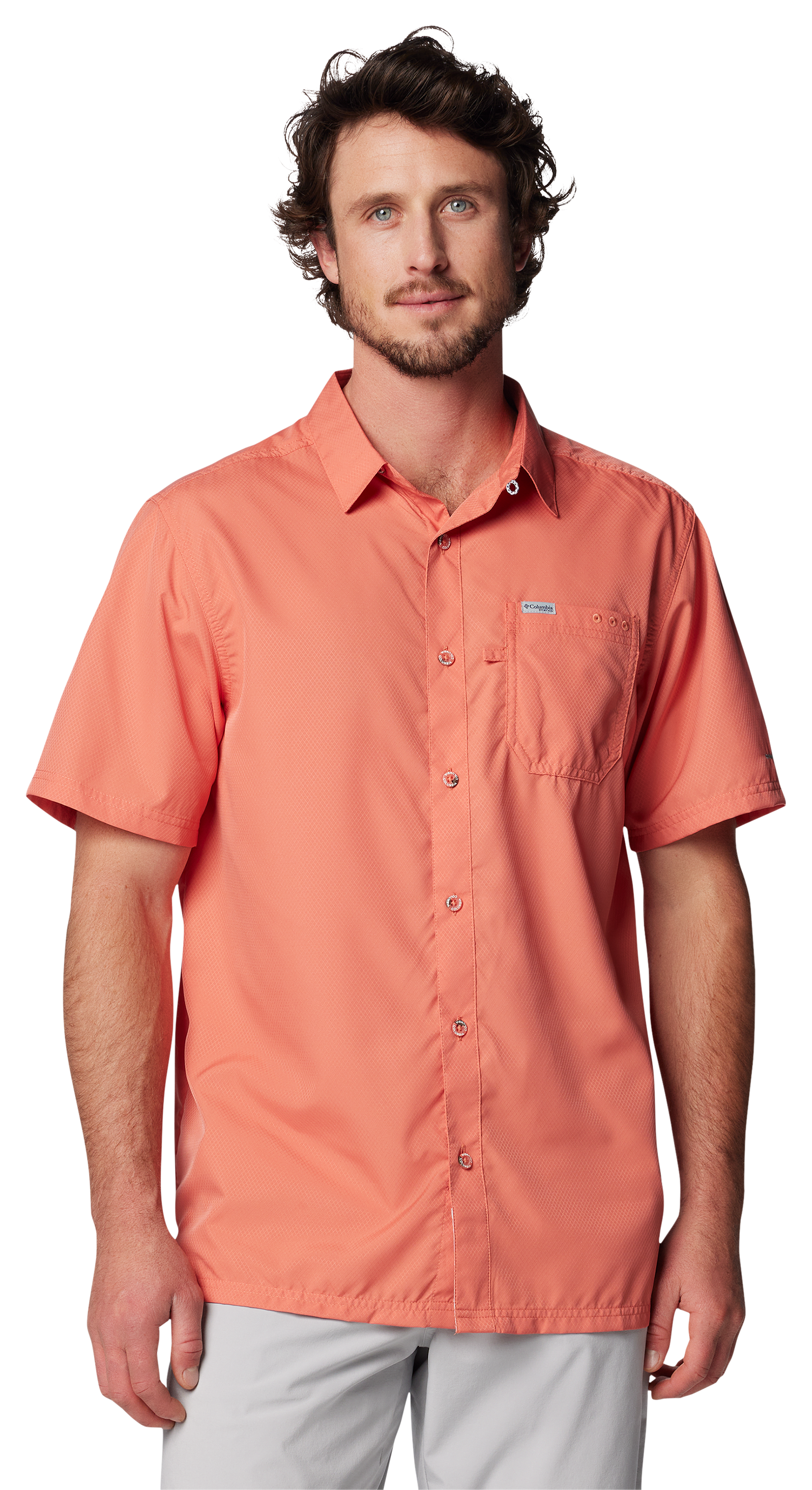 Image of Columbia PFG Slack Tide Camp Short-Sleeve Button-Down Shirt for Men - Faded Peach - S