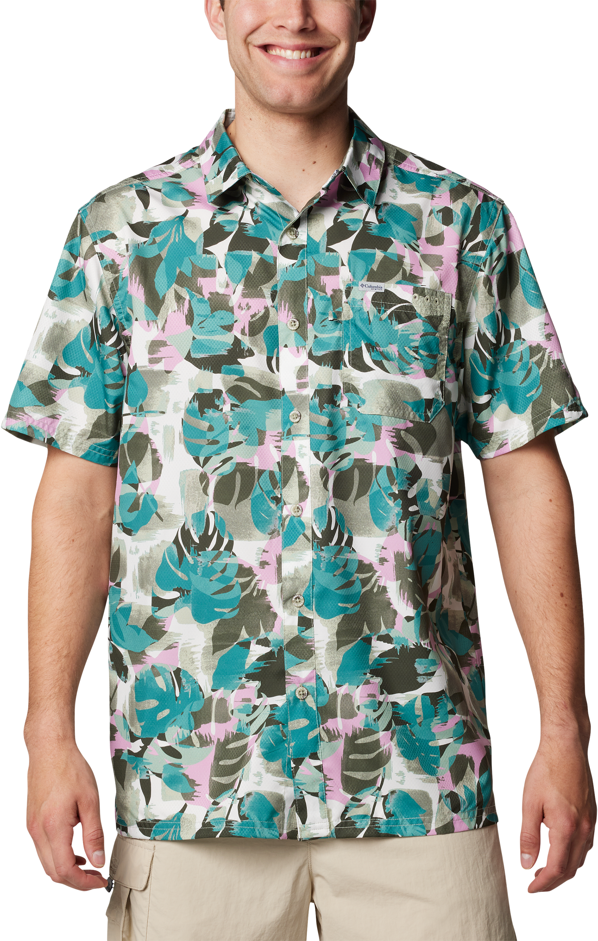 Image of Columbia Super Slack Tide Camp Short-Sleeve Shirt for Men - Cypress Ikat Palms - S