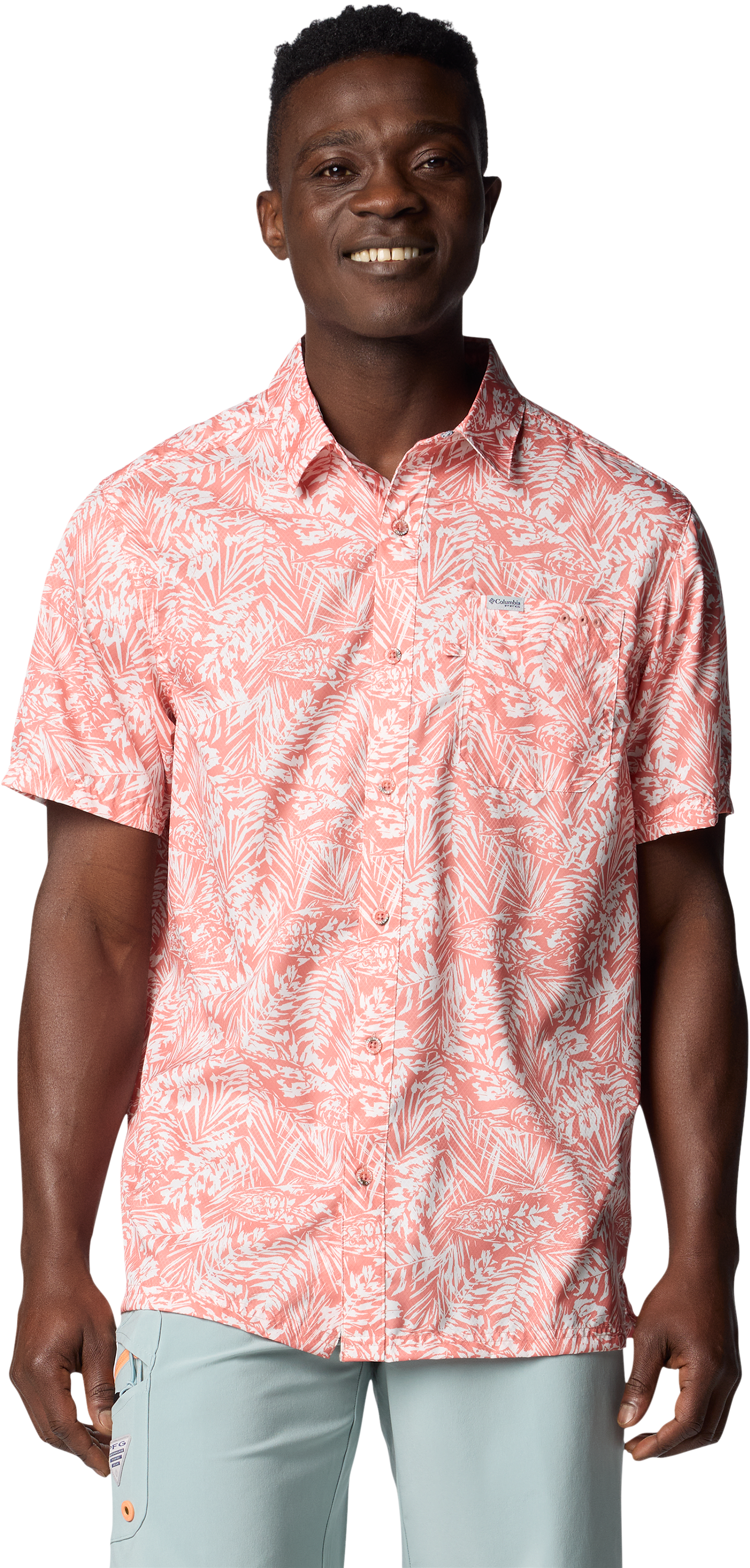 Image of Columbia Super Slack Tide Camp Short-Sleeve Shirt for Men - Faded Peach Tunado Tonal - S