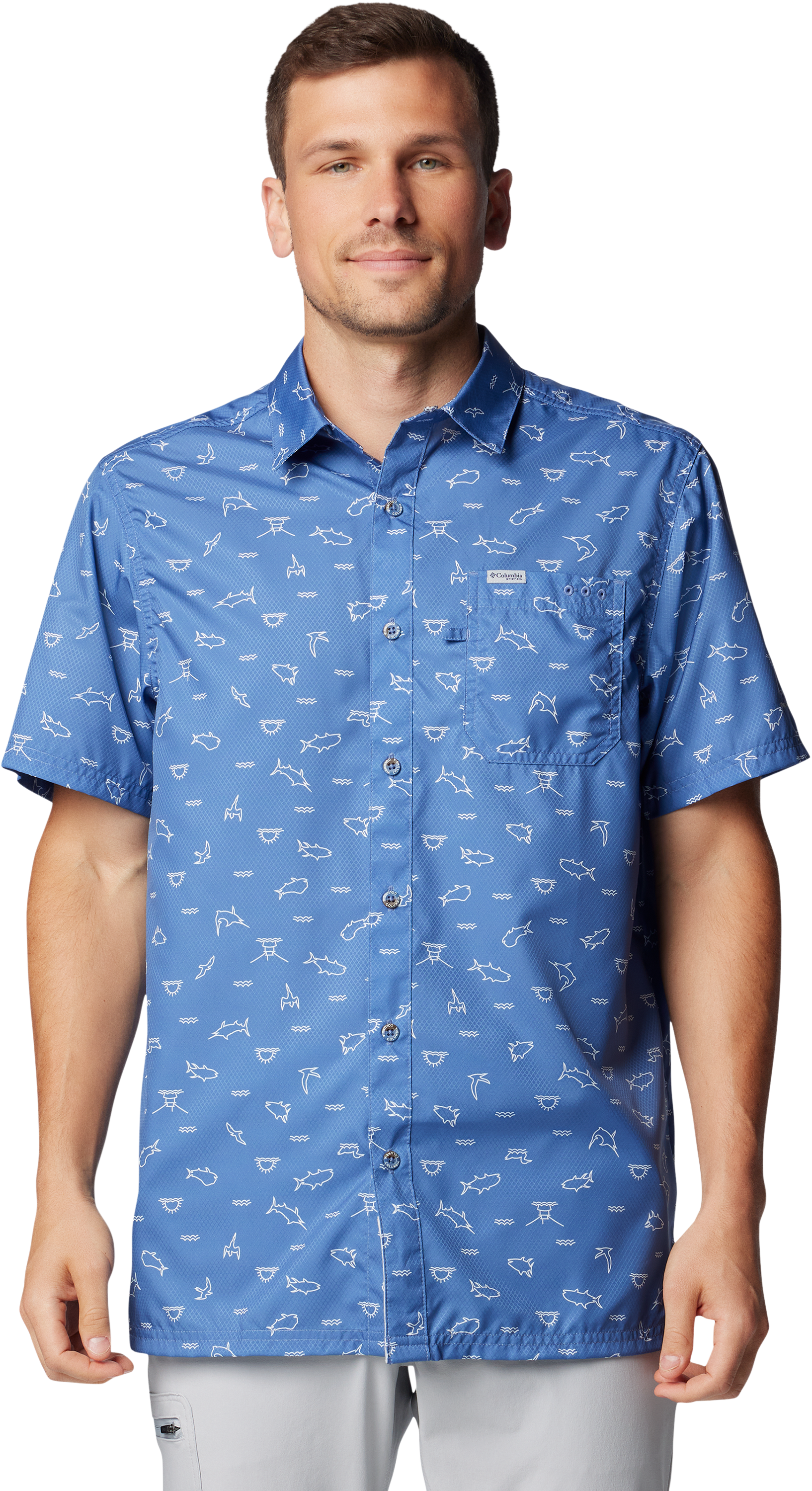 Image of Columbia Super Slack Tide Camp Short-Sleeve Shirt for Men - Bluebell Deepdivers - S