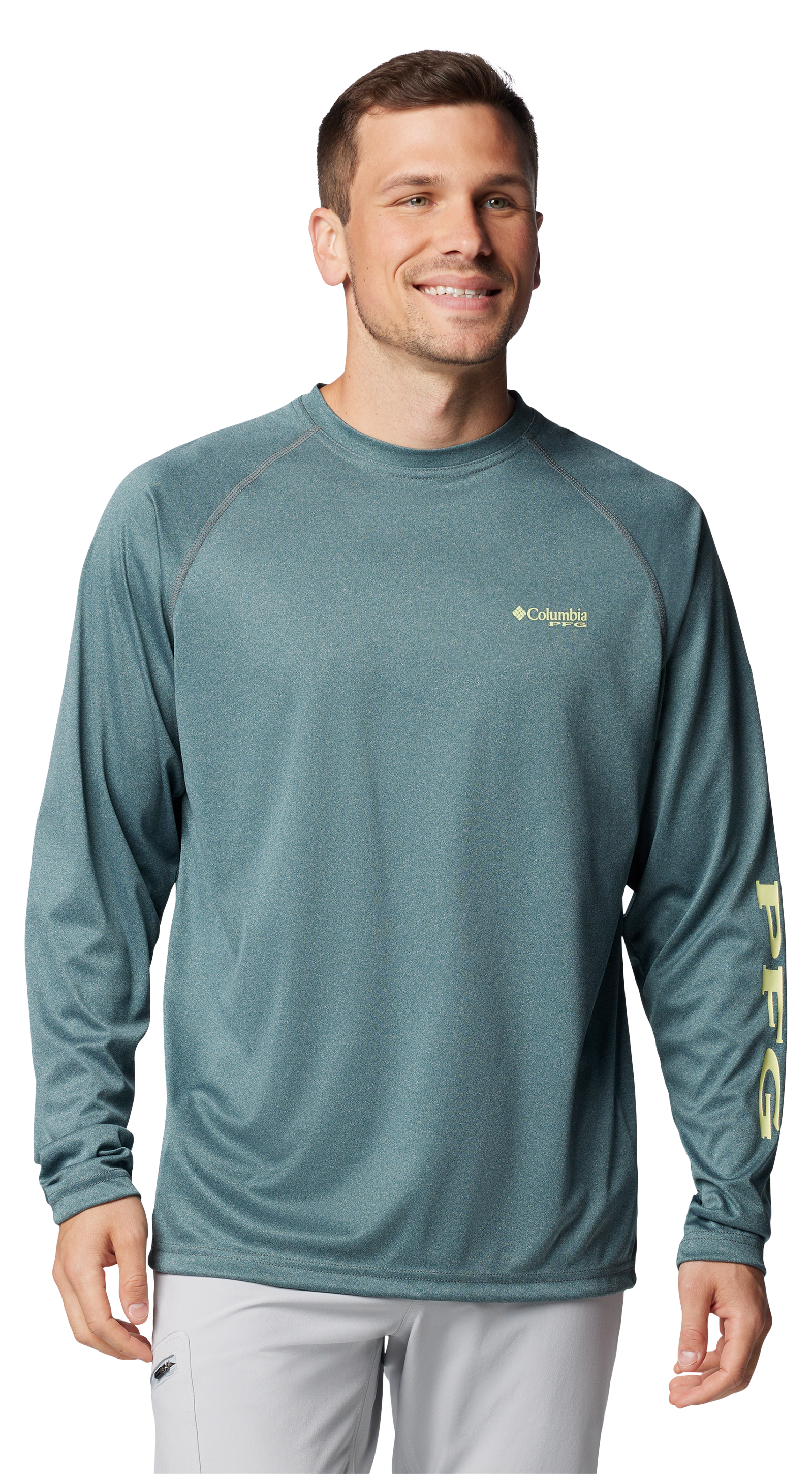 Image of Columbia PFG Terminal Tackle Heather Long-Sleeve Shirt for Men - Midnight Teal Heather/Spring Yellow Log