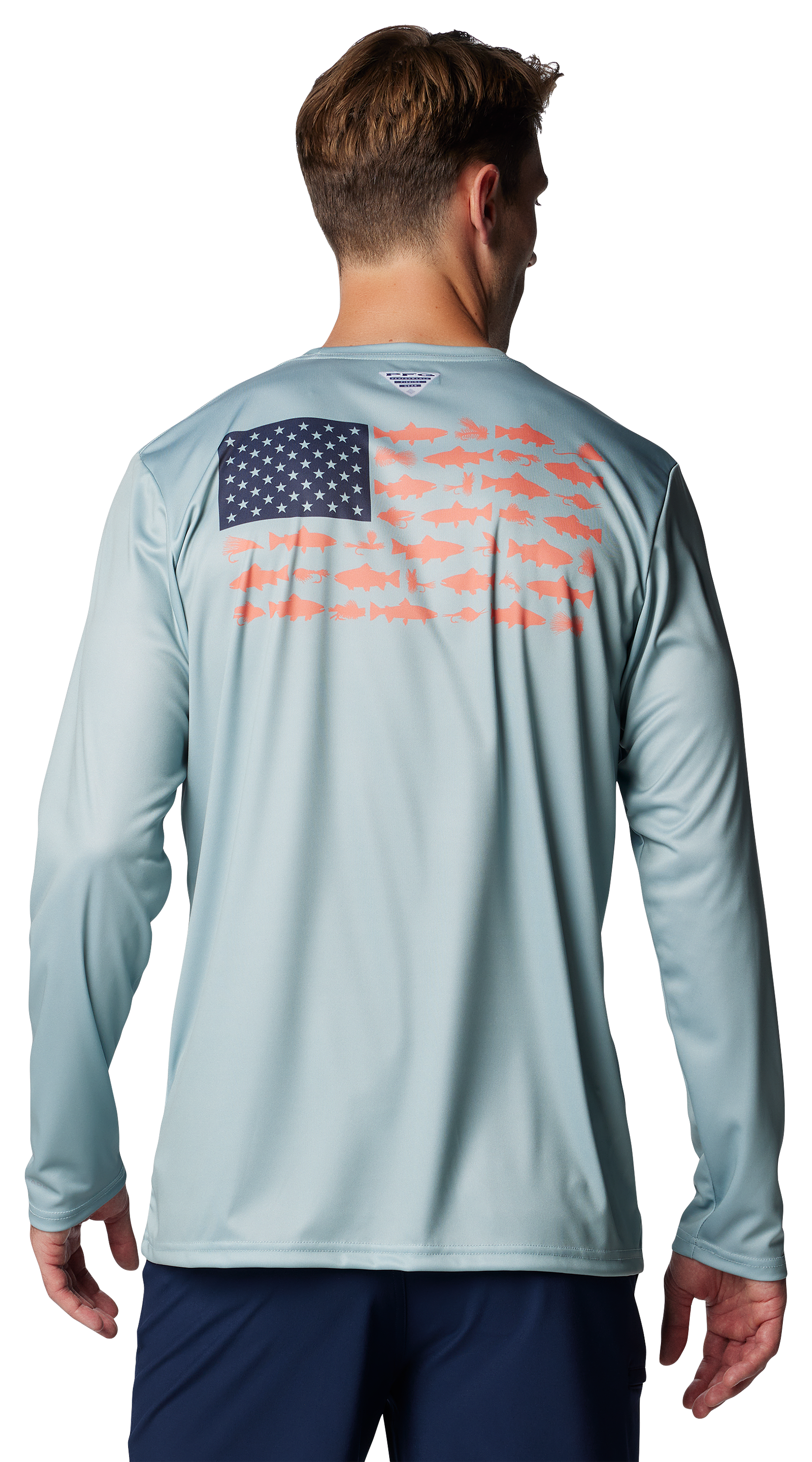 Image of Columbia Terminal Tackle PFG Fish Flag Long-Sleeve Shirt - Crushed Blue/Faded Peach Trout