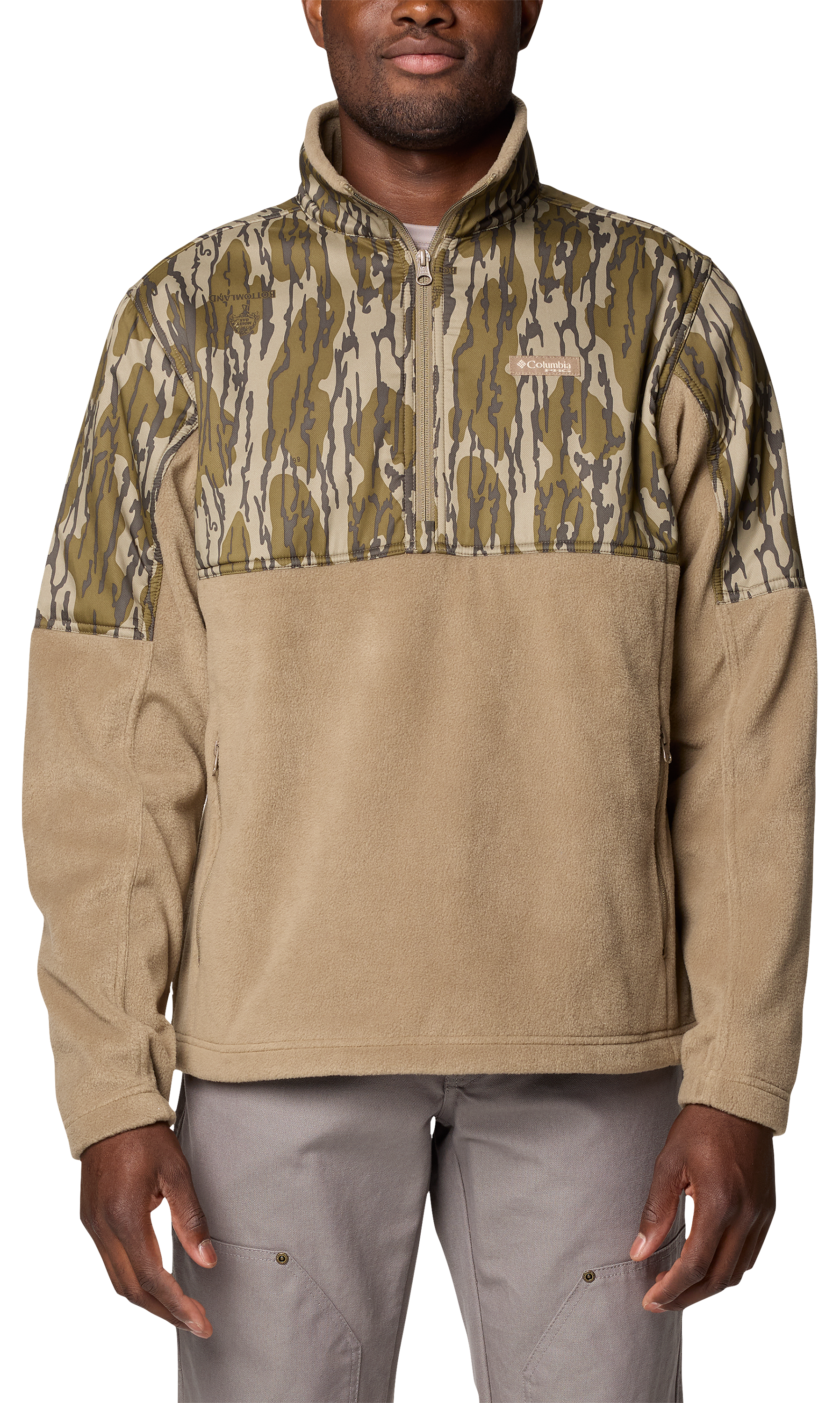 Image of Columbia PHG Fleece Overlay II Quarter-Zip Pullover for Men - Flax/Mossy Oak Bottomland - S