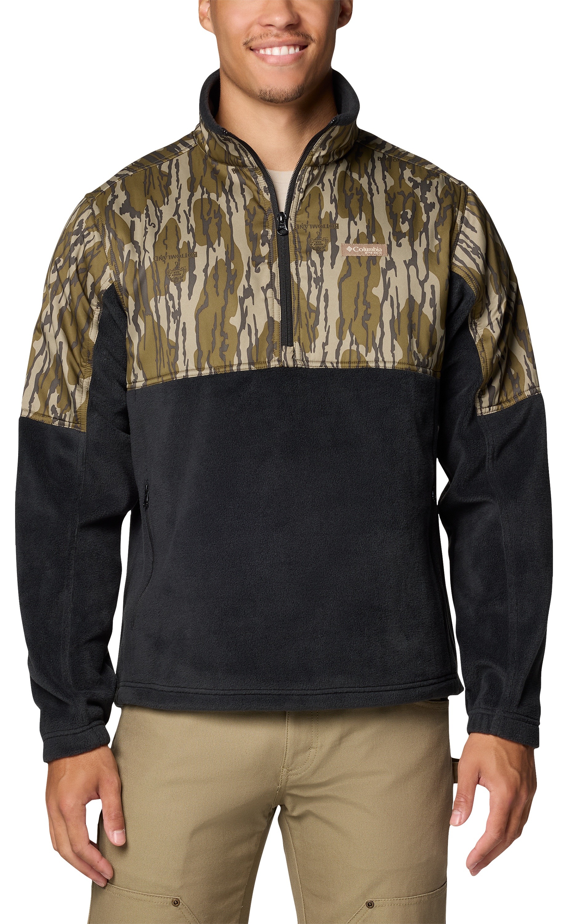 Image of Columbia PHG Fleece Overlay II Quarter-Zip Pullover for Men - Black/Mossy Oak Bottomland - S