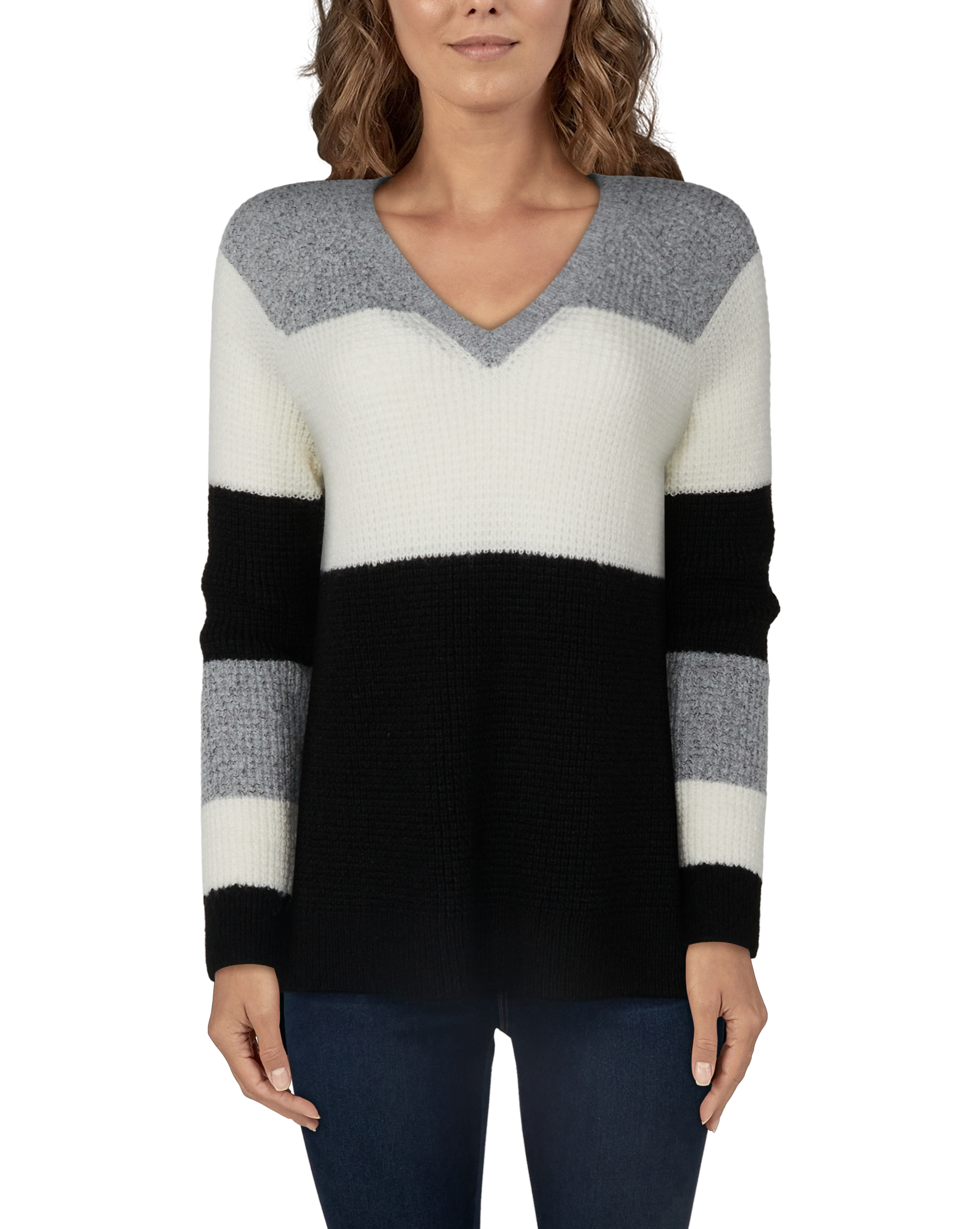 Image of Natural Reflections Tahoe Thermal V-Neck Sweater for Ladies - Grey Colorblock - S